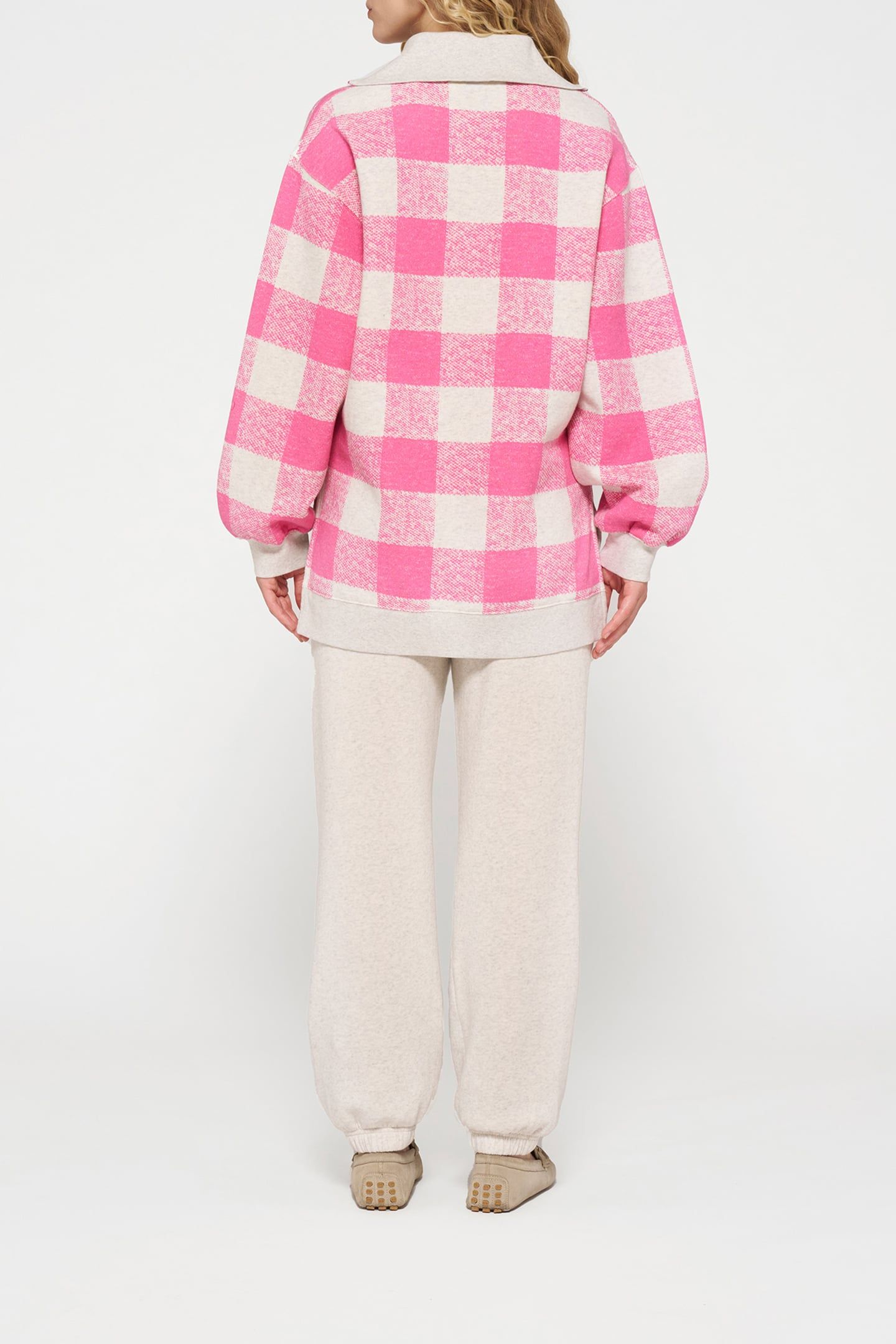 HIGH NECK ZIP SWEATER CHECK BRIGHT PINK 3