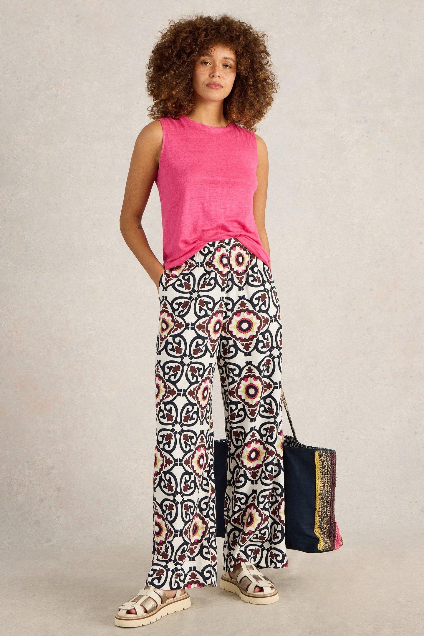 LUCY LINEN BLEND TROUSER WHITE PRINT 1