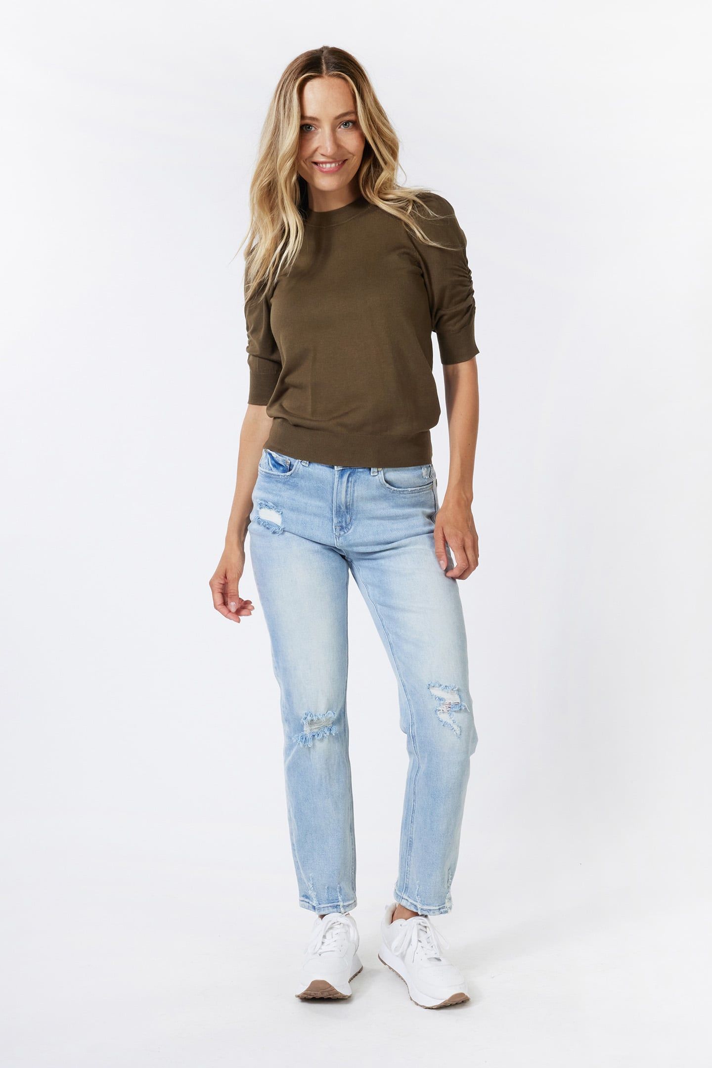 SWEATER SHORT PUFF SLV BASIC KNIT ARMY GREEN 2