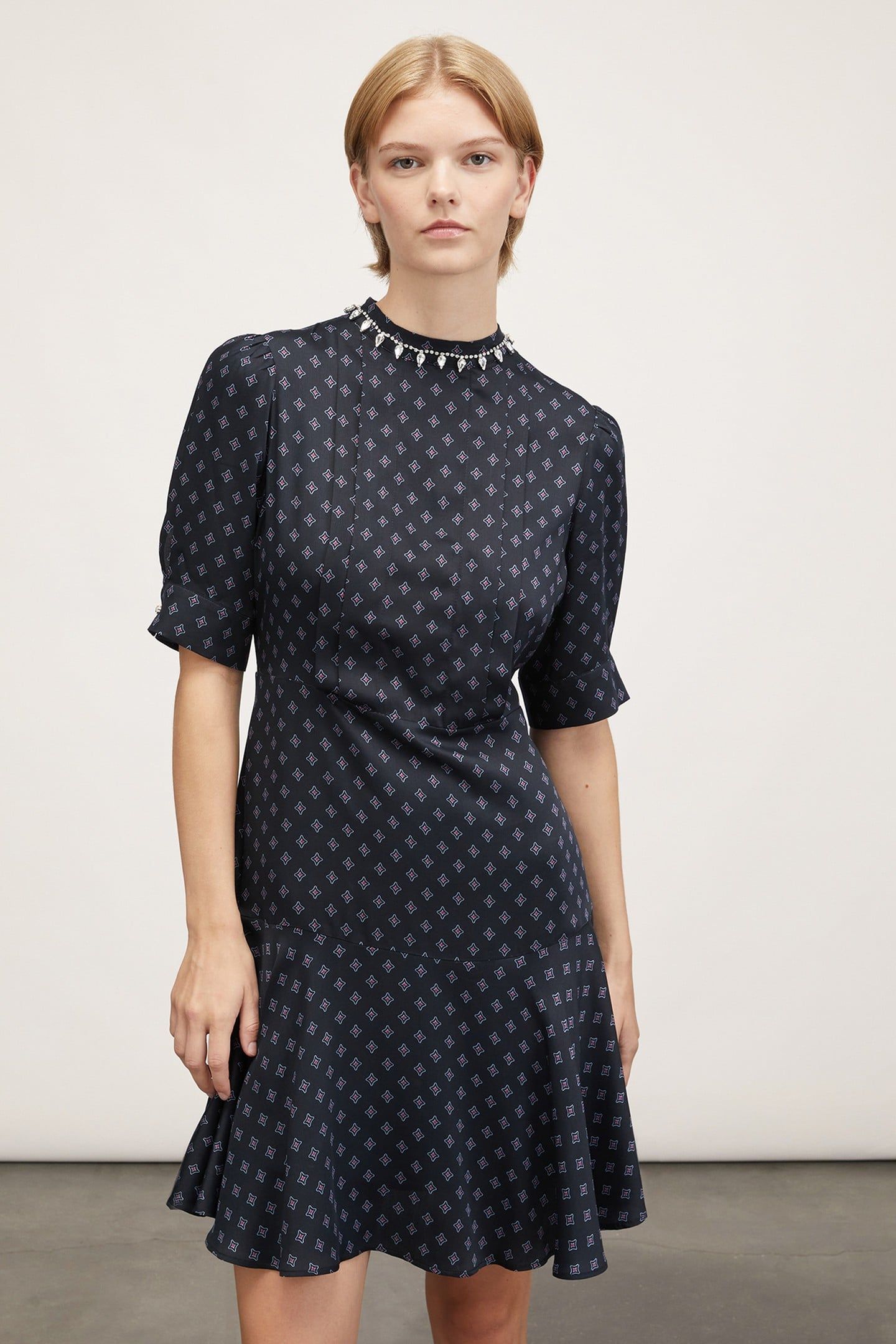 PATTERNED SATIN DRESS WITH CRYSTAL STONES BLACK 1