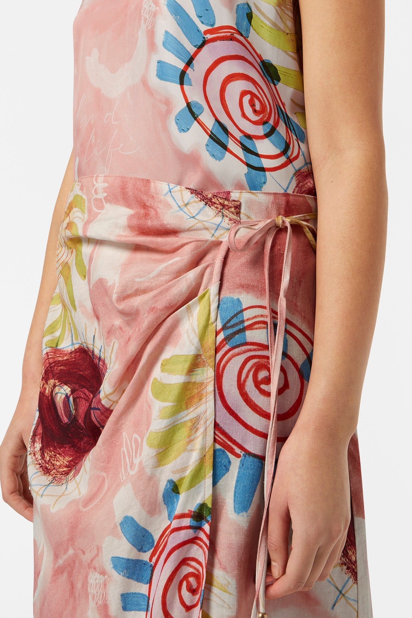 LINEN BLEND PRINTED WRAP SKIRT ABSTRACT SUN PINK 6