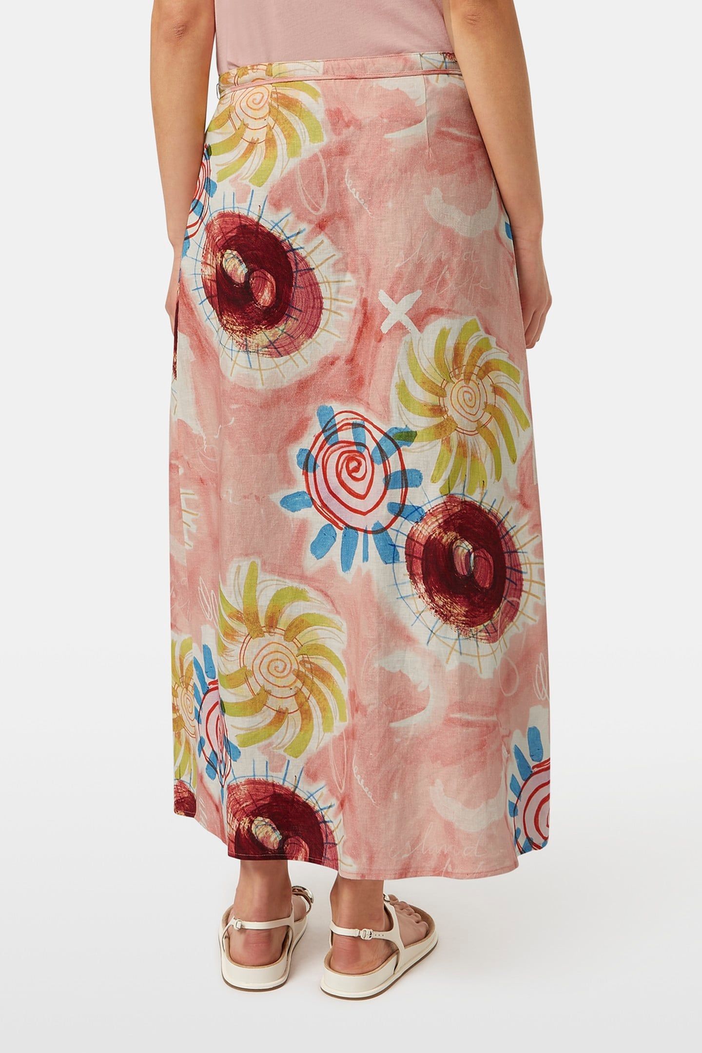 LINEN BLEND PRINTED WRAP SKIRT ABSTRACT SUN PINK 3