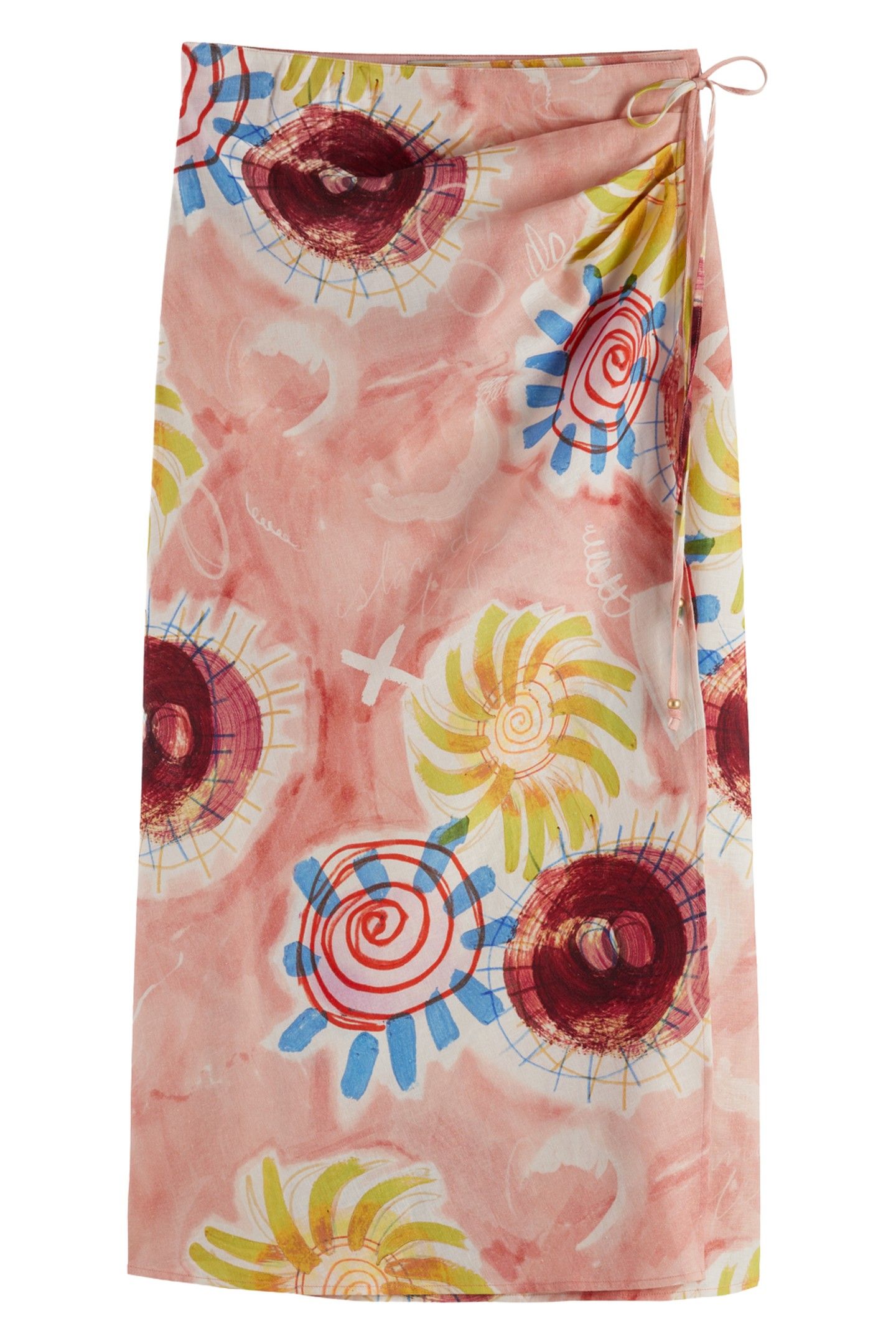 LINEN BLEND PRINTED WRAP SKIRT ABSTRACT SUN PINK 4