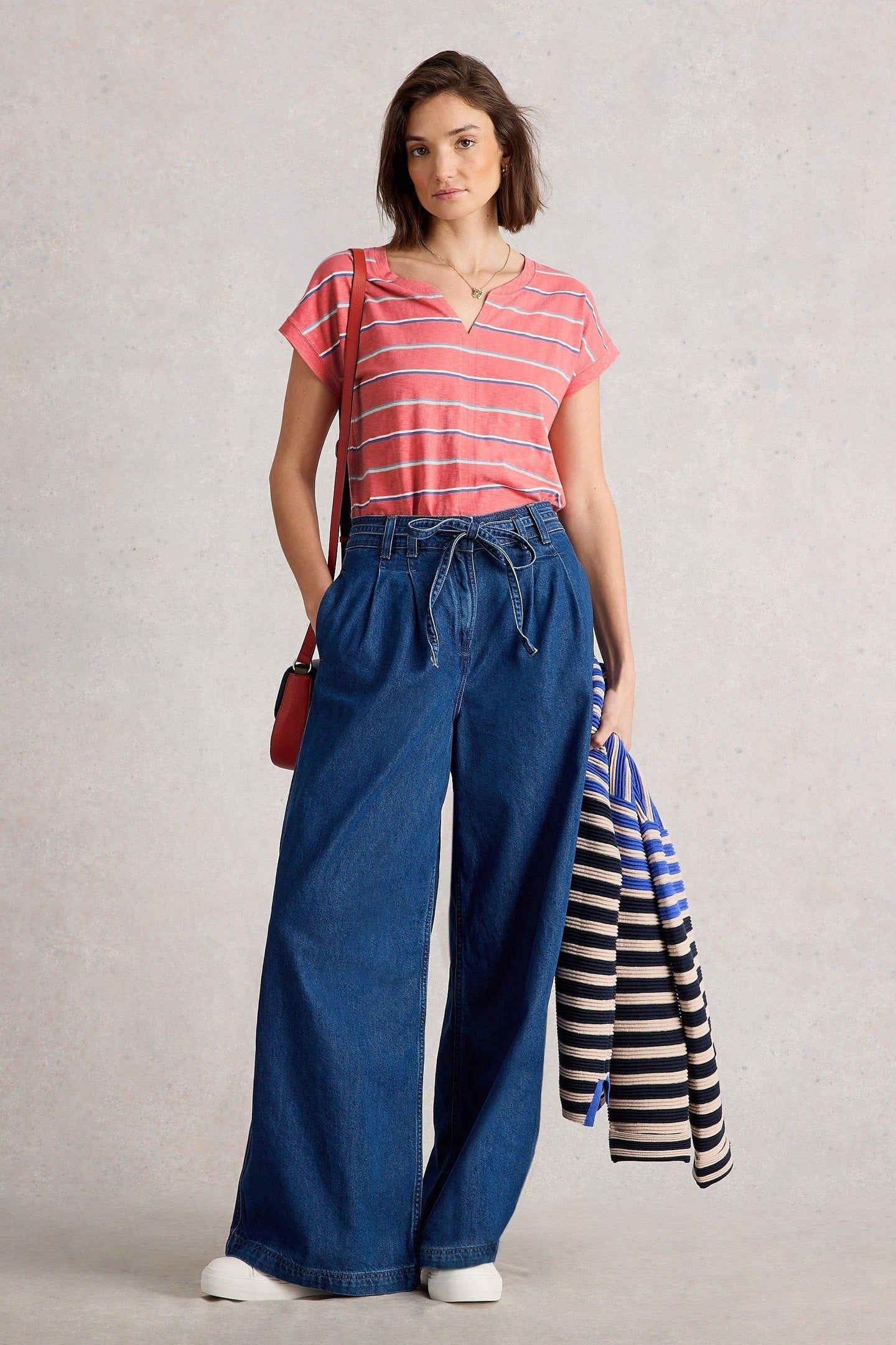 NELLY NOTCH STRIPE NECK TEE CORAL MULTI 1