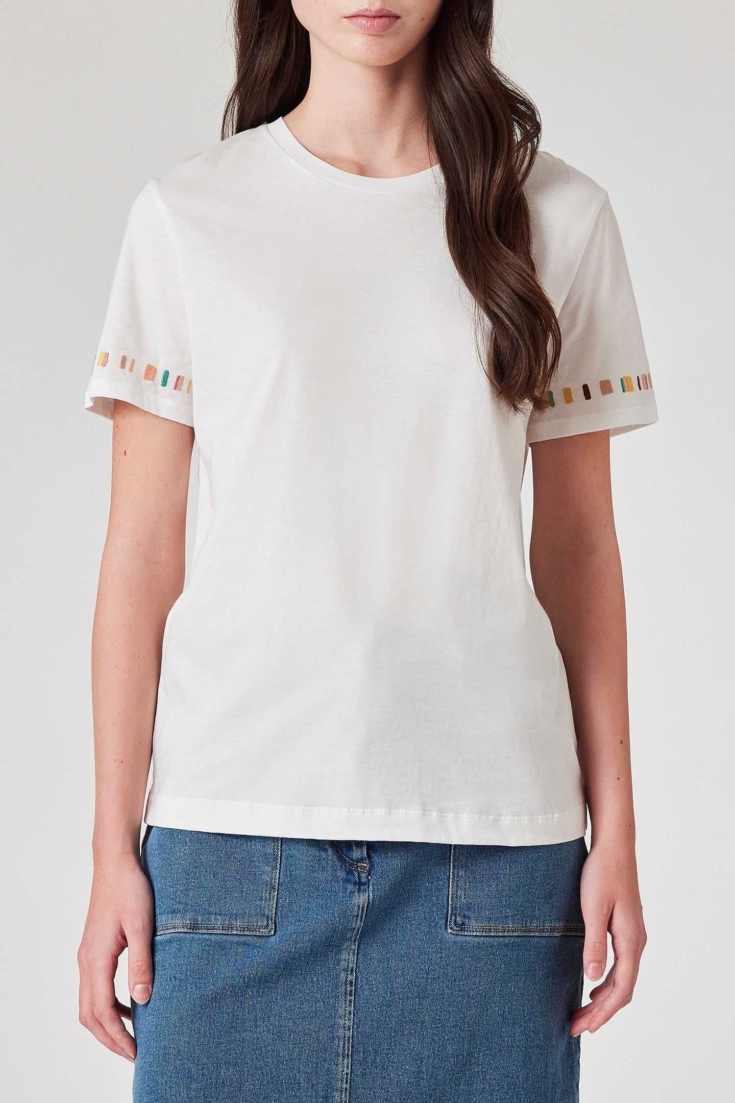 WOMENS STRIPE SLEEVE EMB T-SHIRT WHITE 1