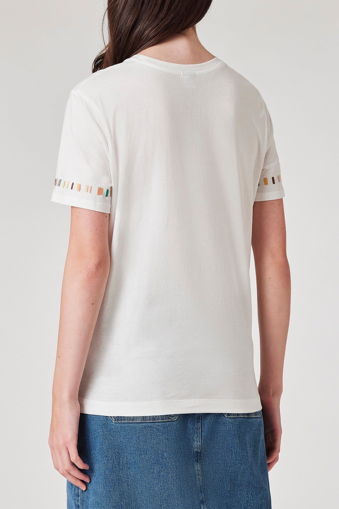 WOMENS STRIPE SLEEVE EMB T-SHIRT WHITE 2