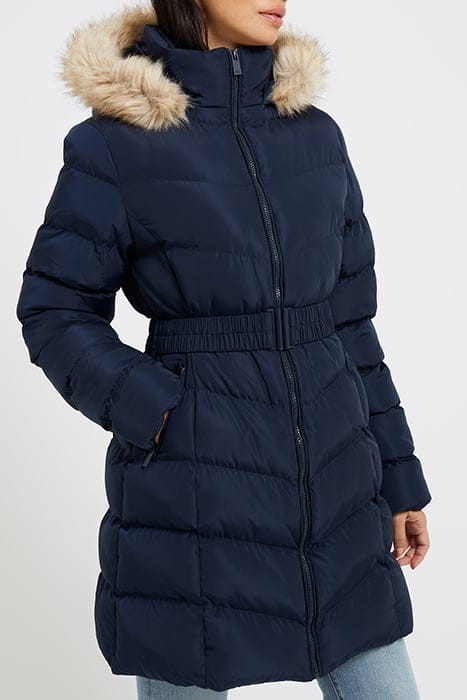 FAUX FUR TRIM HOODED BELTED PADDED COAT DARK NAVY 1