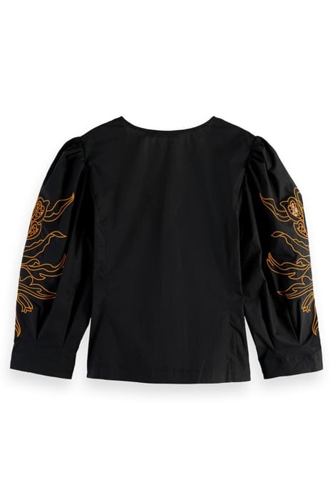 V-NECK FITTED TOP WITH BRODERIE VOLUME SLEEVE BLACK 2