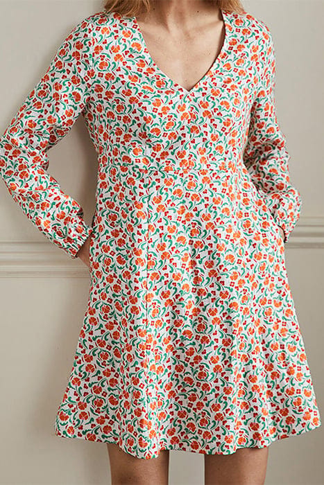 V-NECK FLIPPY MINI DRESS BRIGHT PAPAYA, DELICATE BUD 1