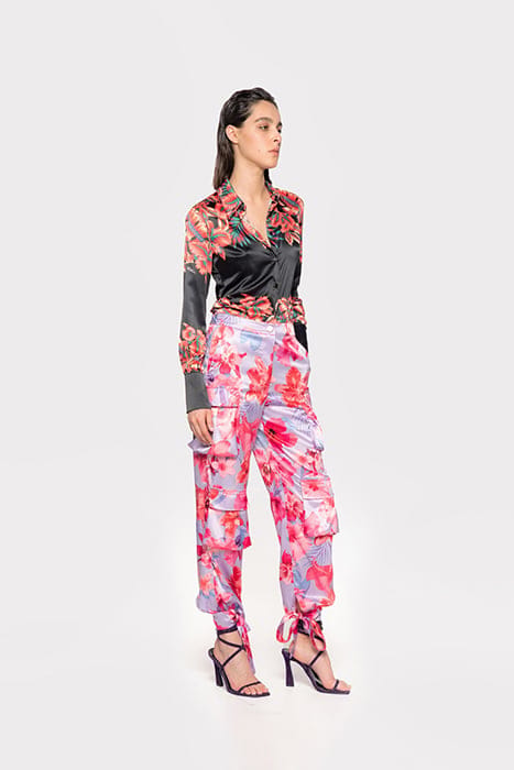 INDIOS PANTALONE SATIN STAMPA FIORI TROPICALI LILAC/PALE PIN 6
