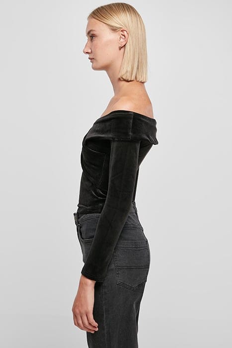 LADIES VELVET RIB CROSSED OFF SHOULDER LONGSLEEVE BLACK 6