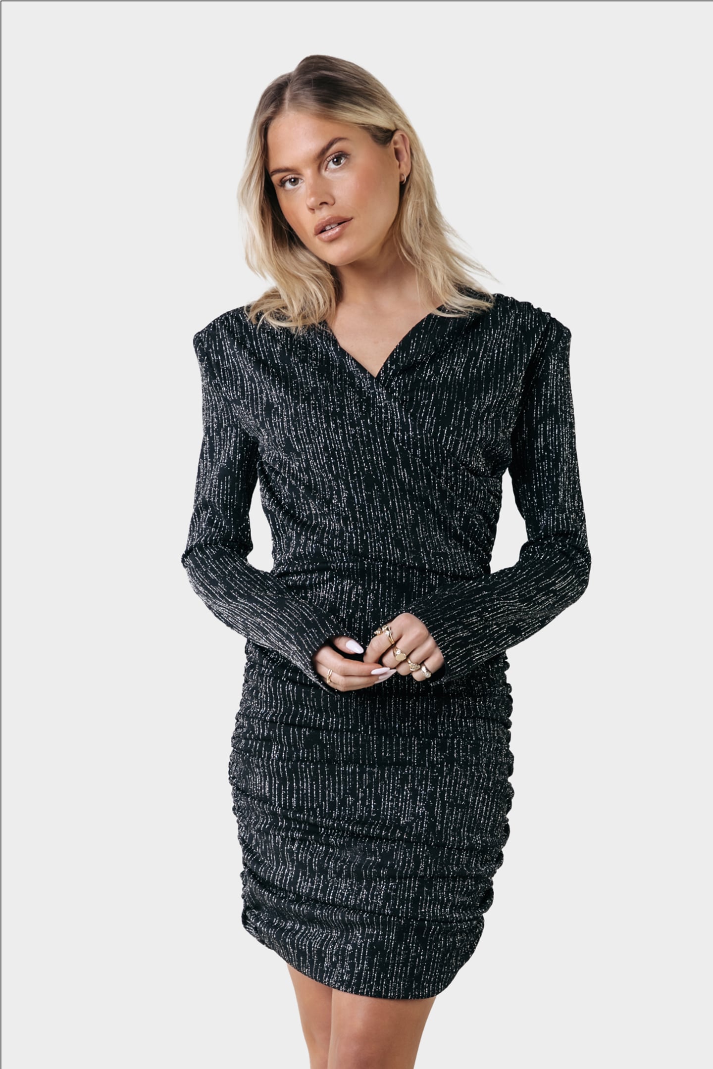 BRYSSA LUREX STRIPES PADDED DRESS LS METALLIC SILVER 1