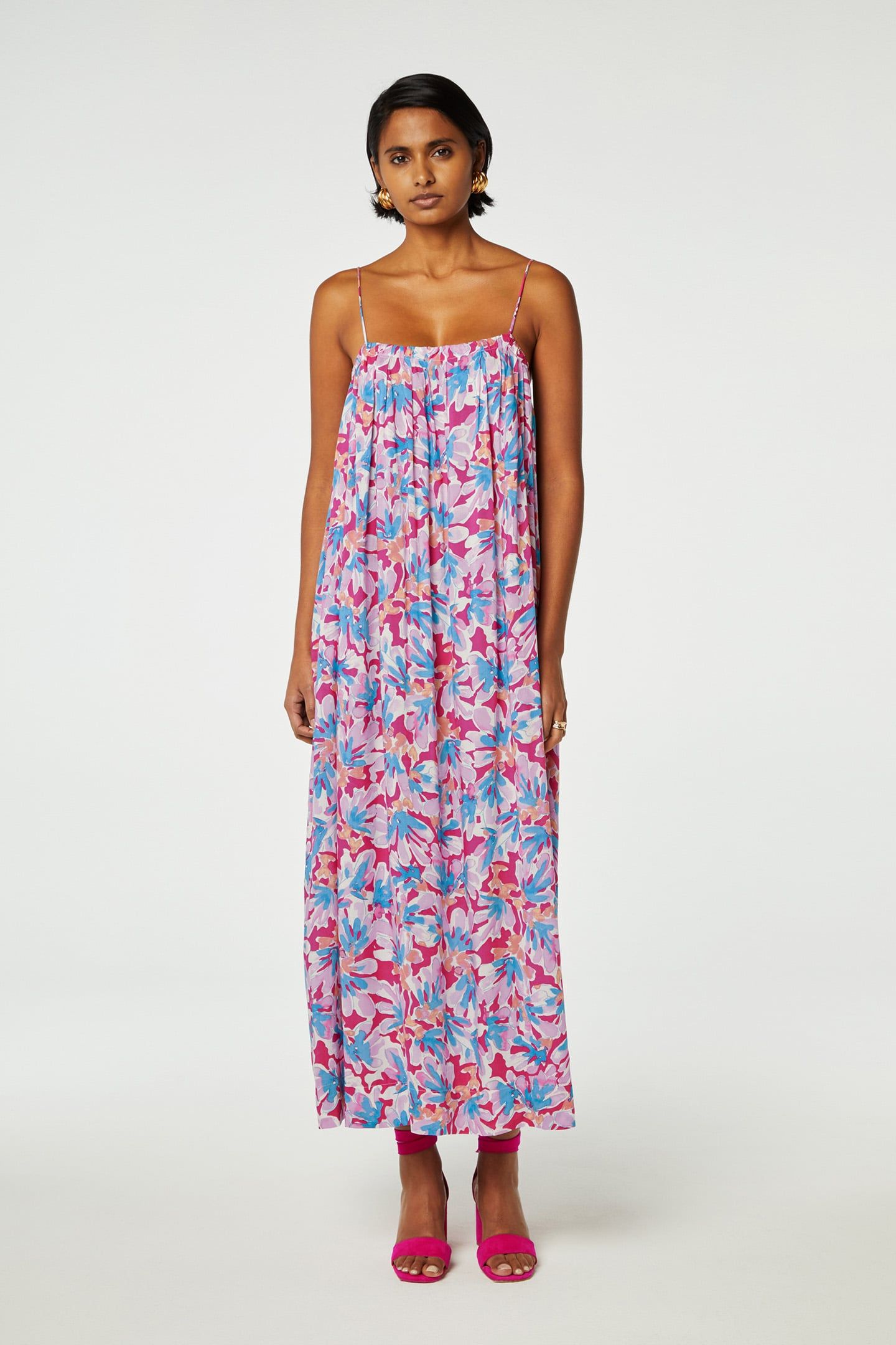 linen ruffle maxi dress Fuchsia Linen V Neck Ruffle Maxi Dress – Dassah Beauty