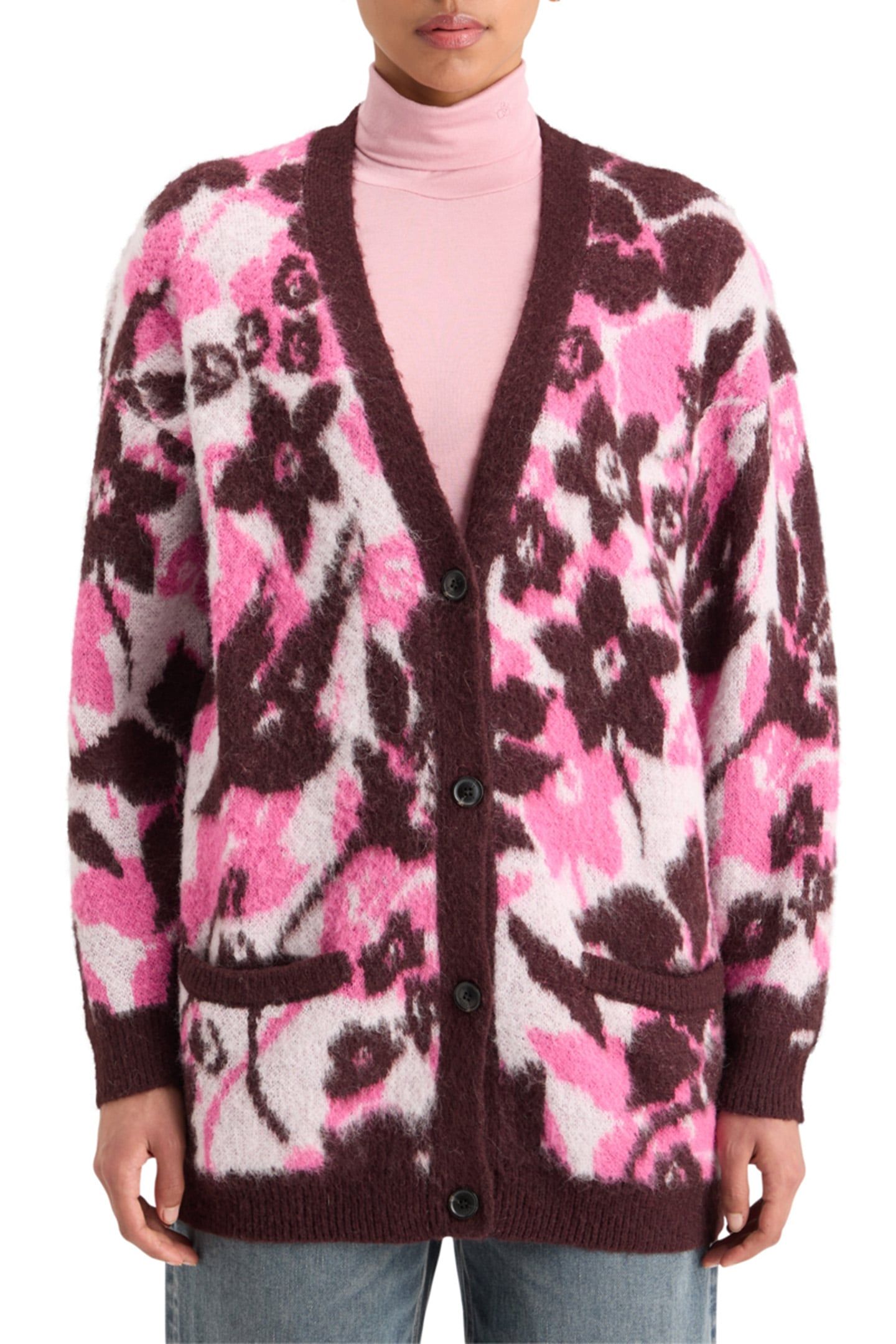 FUZZY JACQUARD MID LENGTH CARDIGAN WINTER FLORAL 1