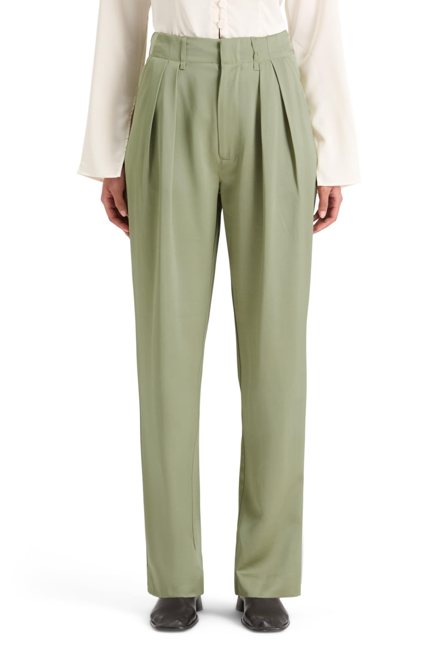 FAYE SATIN HIGH RISE RELAXED TAPERED LEG WASHED SAGE 1