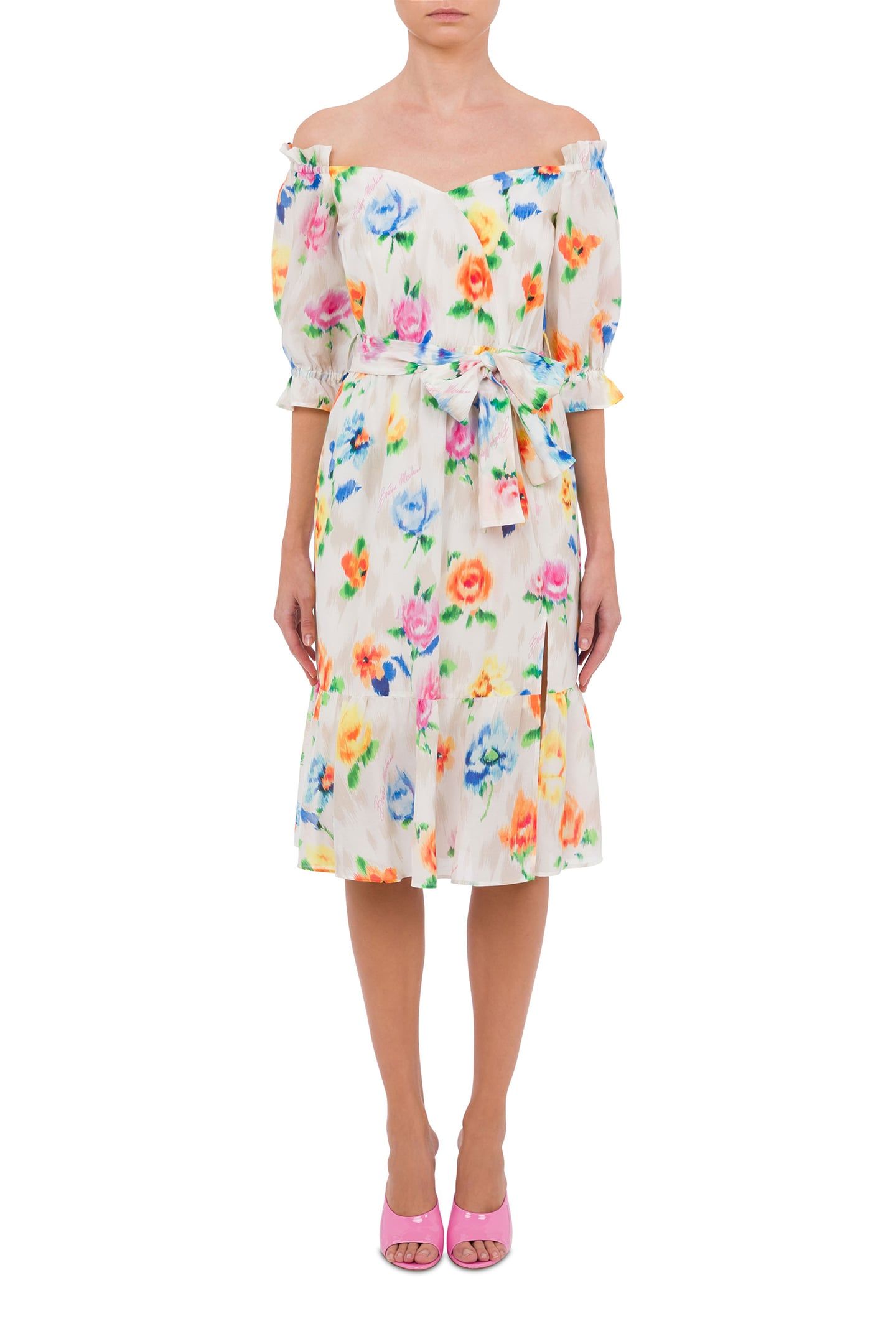 OFF-THE-SHOULDER DRESS IN BRODERIE ANGLAISE FLOWER CHINÉ WHI 1