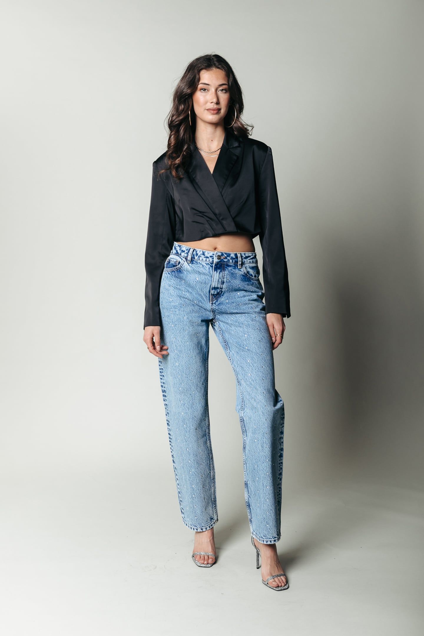 JONES RHINESTONE MID RISE STRAIGHT LEG DENIM PANTS MID BLUE 1