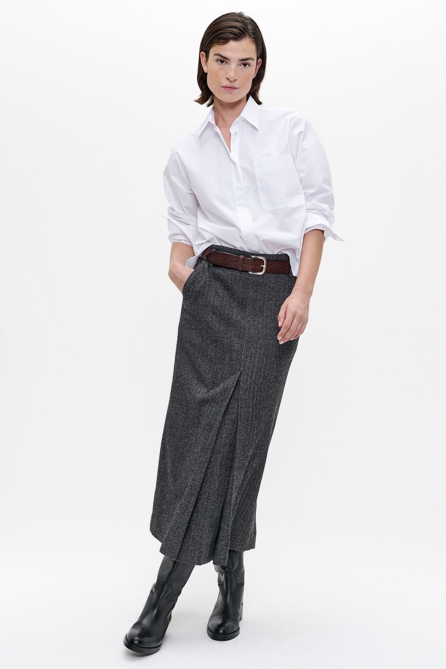 WOOL HERRINGBONE LONG SKIRT BLACK 1