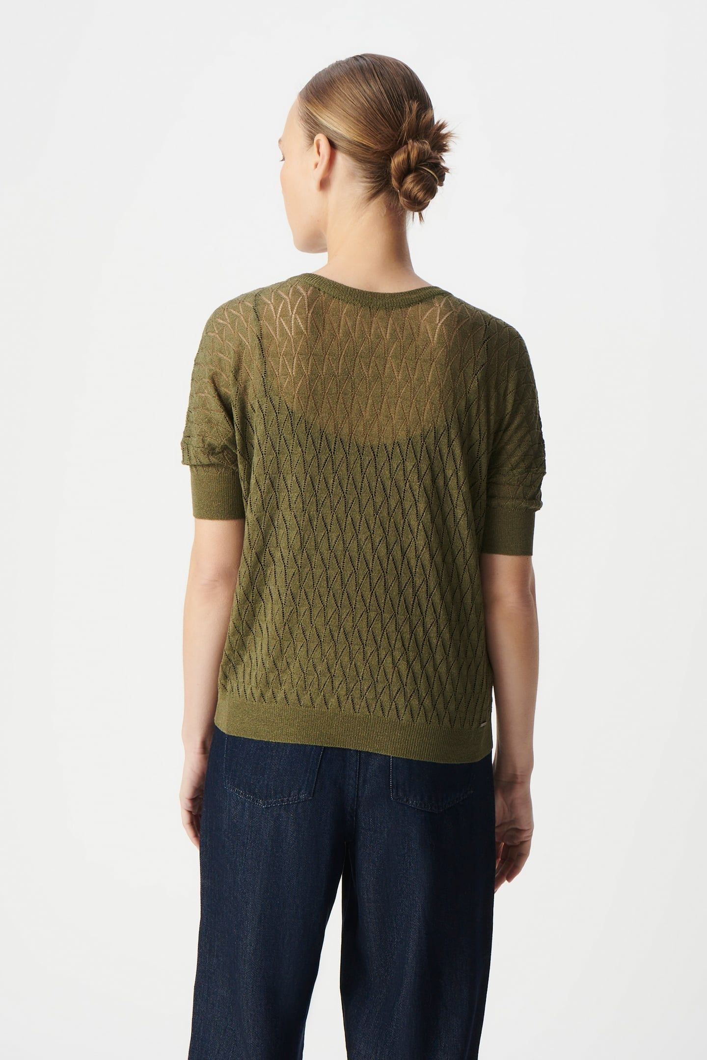 KHAKI KNITTED LUREX OPENWORK V-NECK SWEATER 6