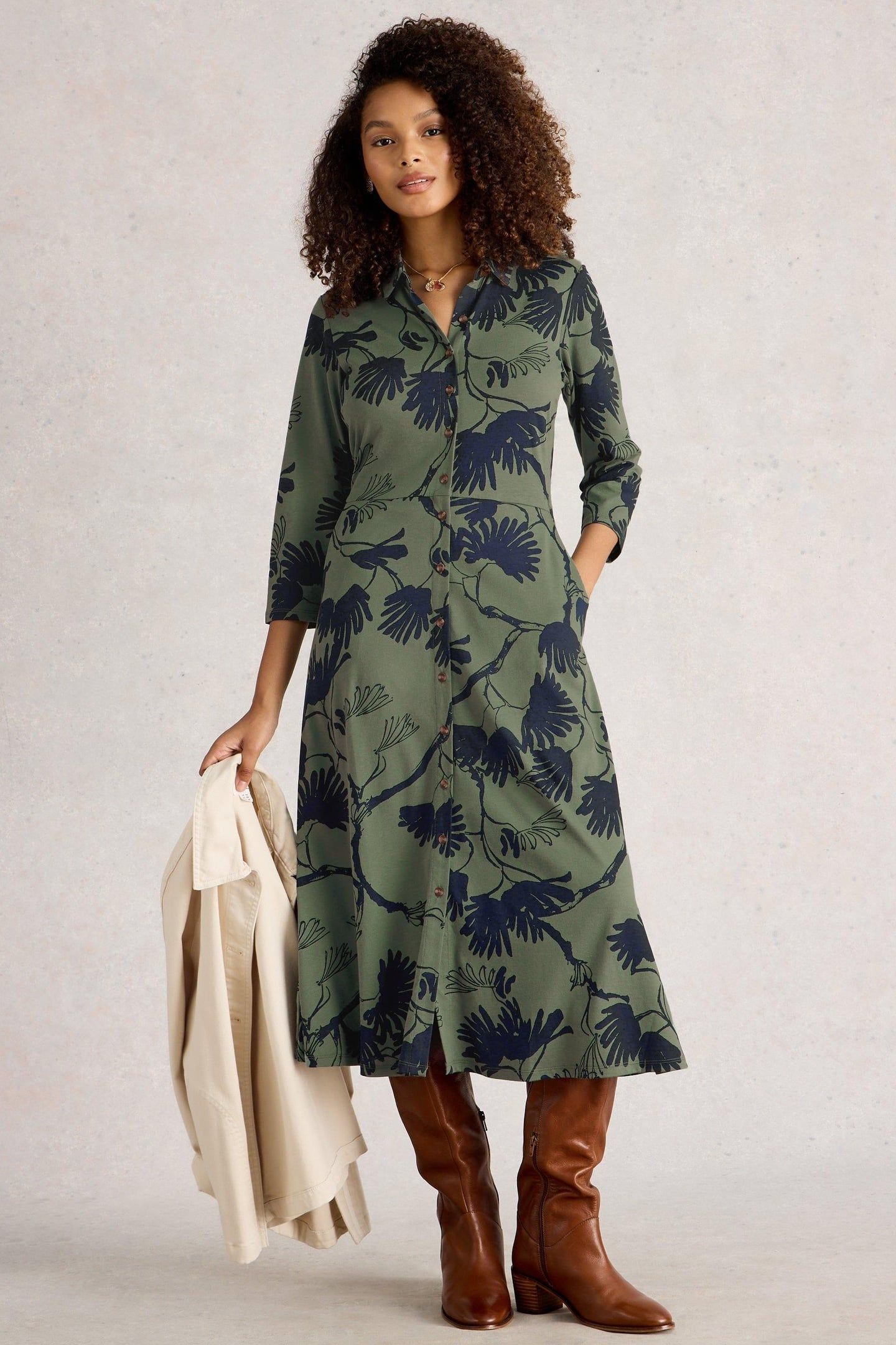RUA JERSEY SHIRT DRESS GREEN MULTI 1