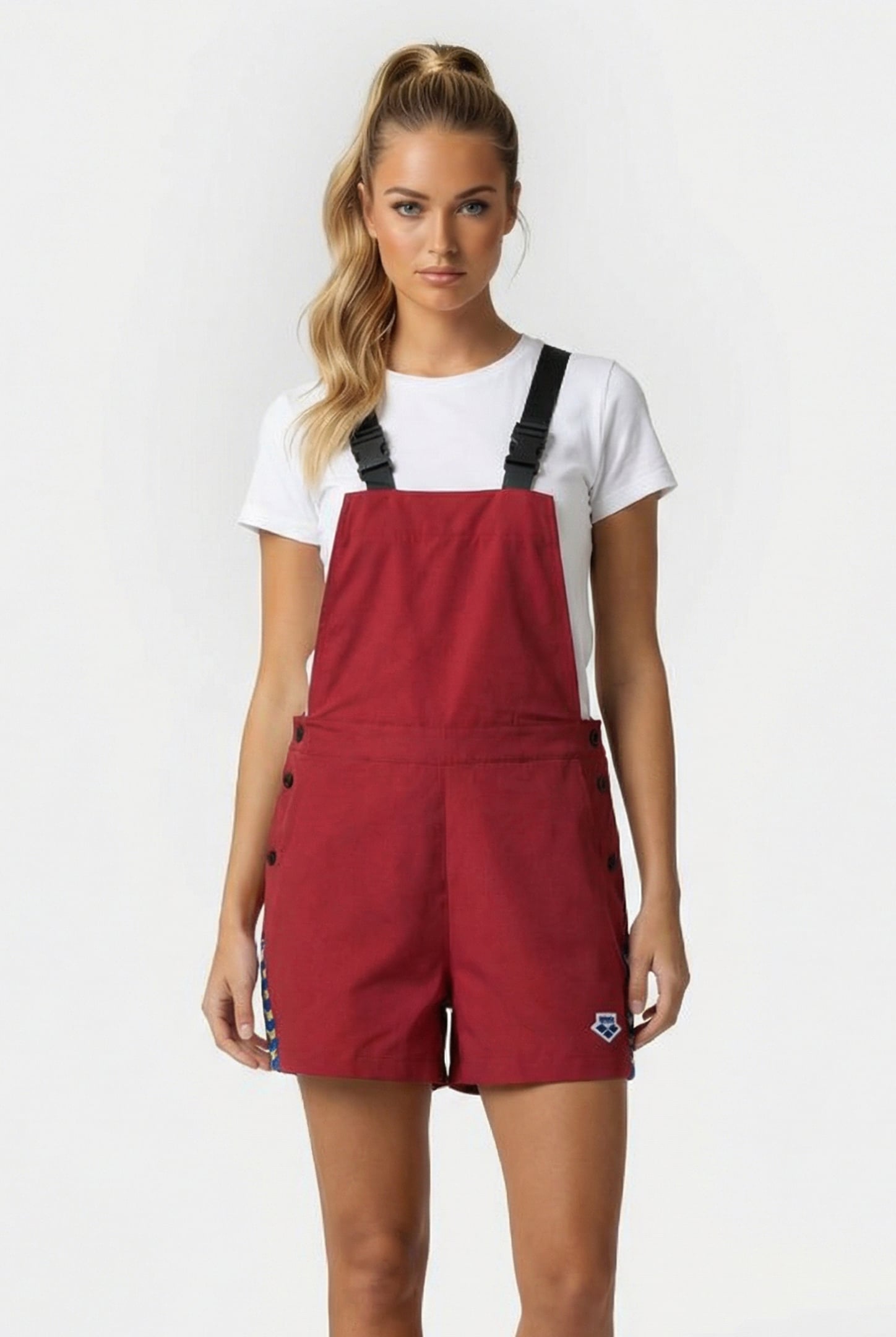 WOMEN'S ARENA ICONS ROMPER SOLID BURGUNDY NEON BLUE BUTTER 1