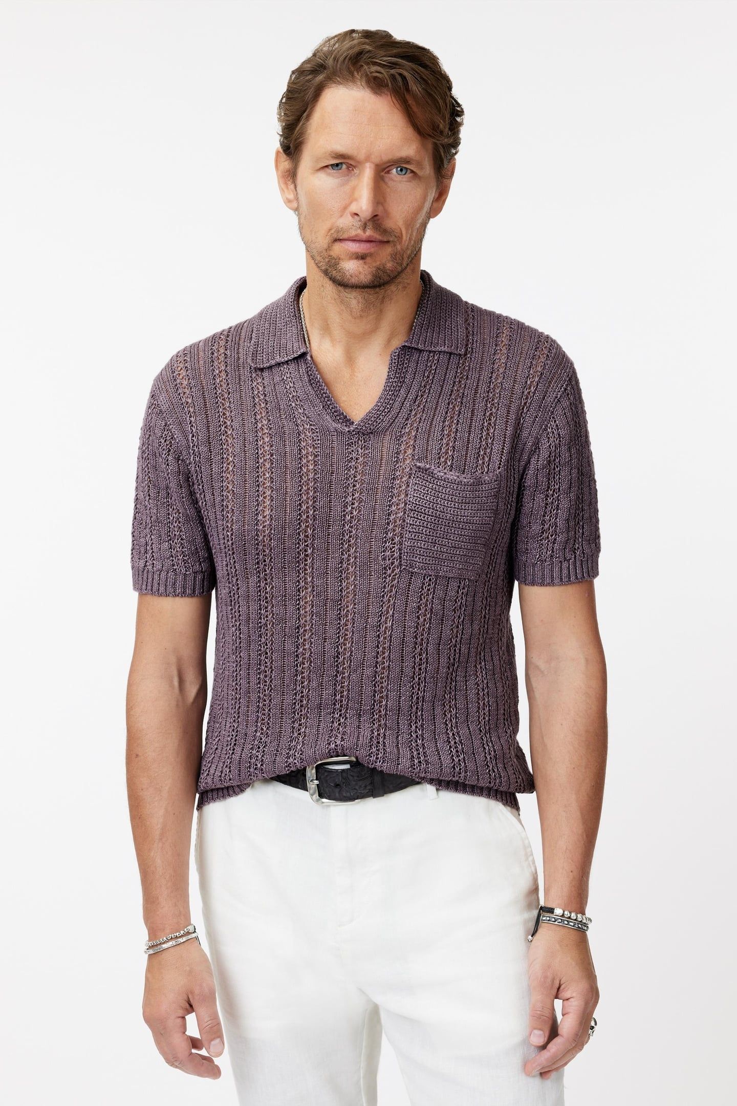 ODIN LS TEXTURE LINEN SWEATER POLO PLUM 1