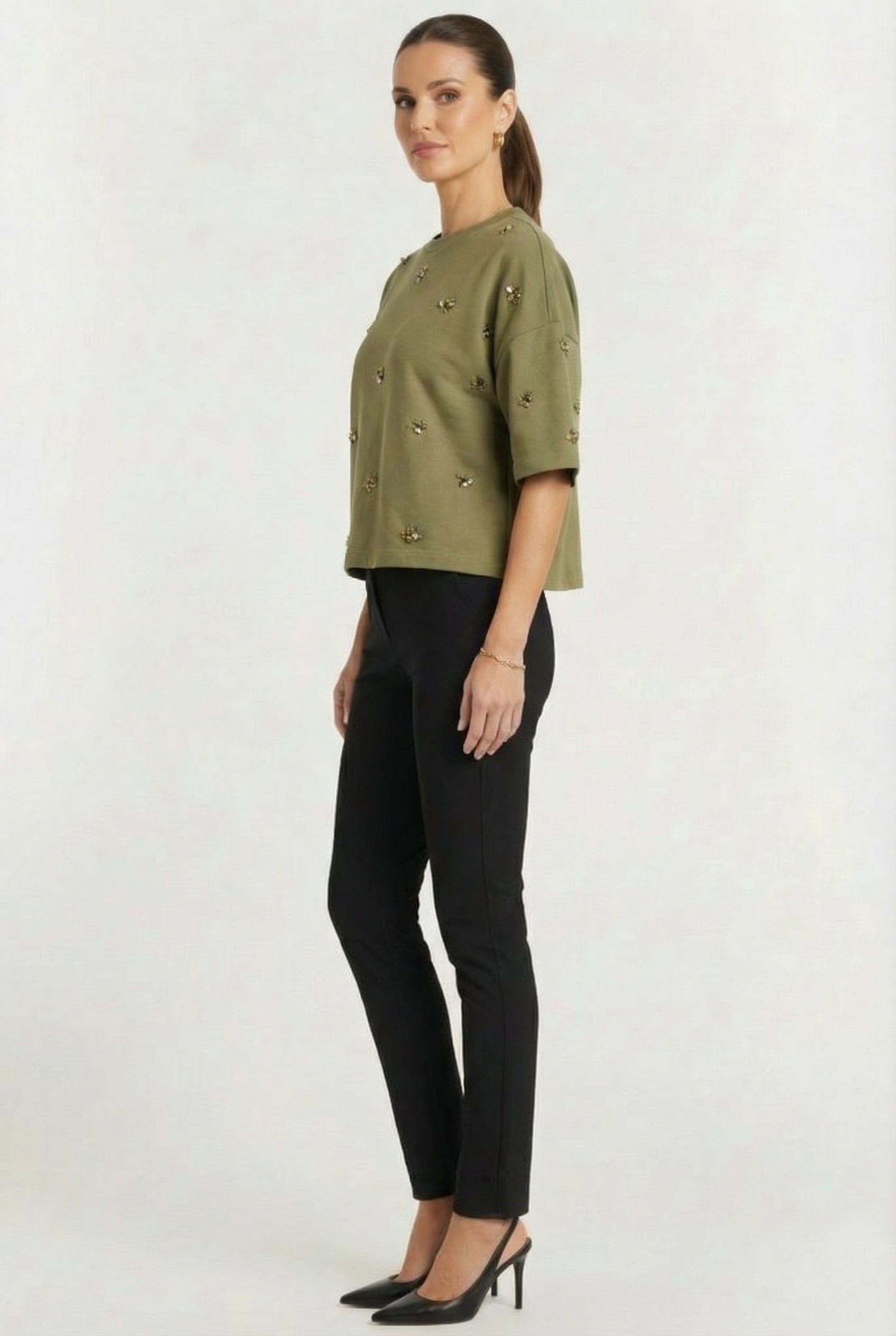 3/4 SLEEVE EMBELLISHED SWEATSHIRT COMBAT GREEN 2