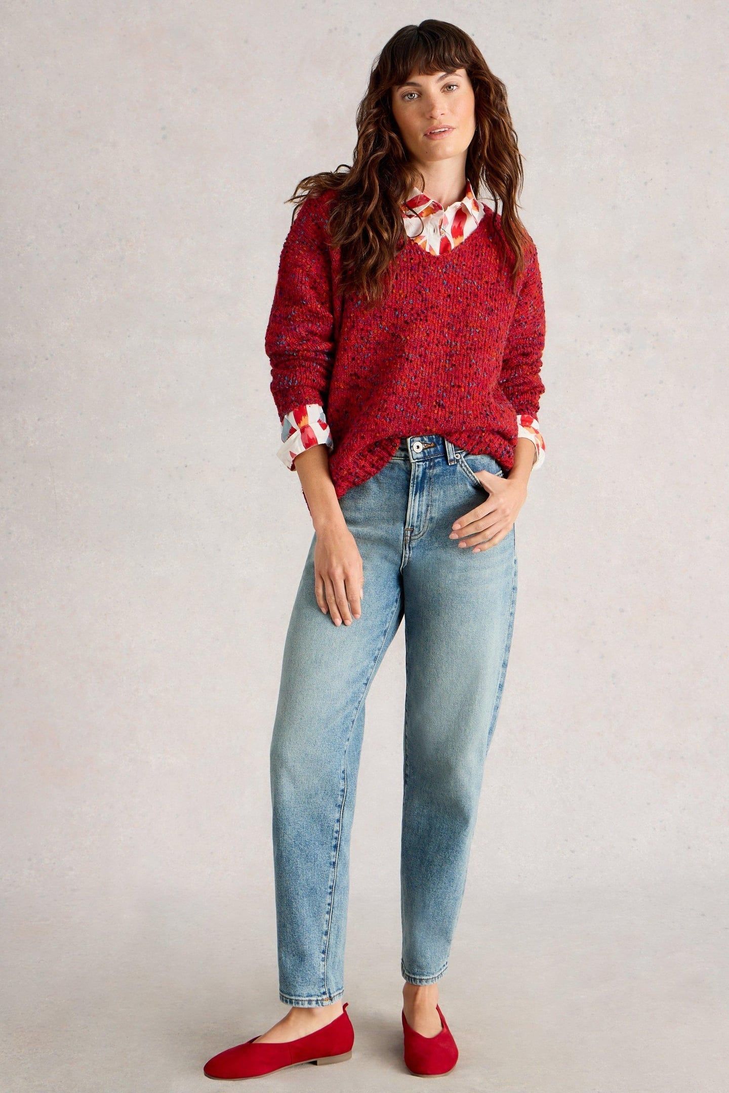 TEXTURE V NECK MID RED 2
