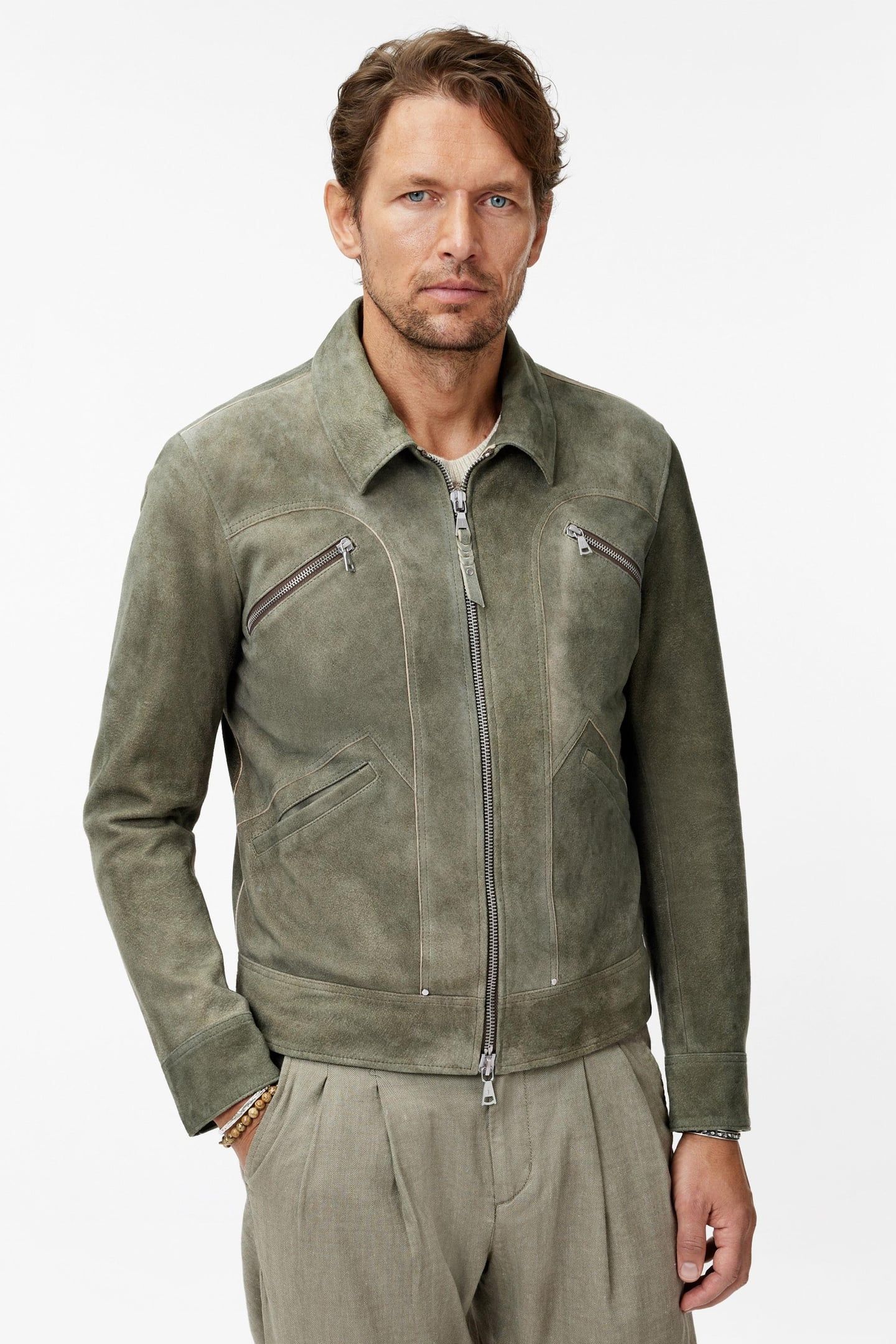 BRIAN LS COLLARED ZIPPER LEATHER JACKET FOSSIL GREY 1