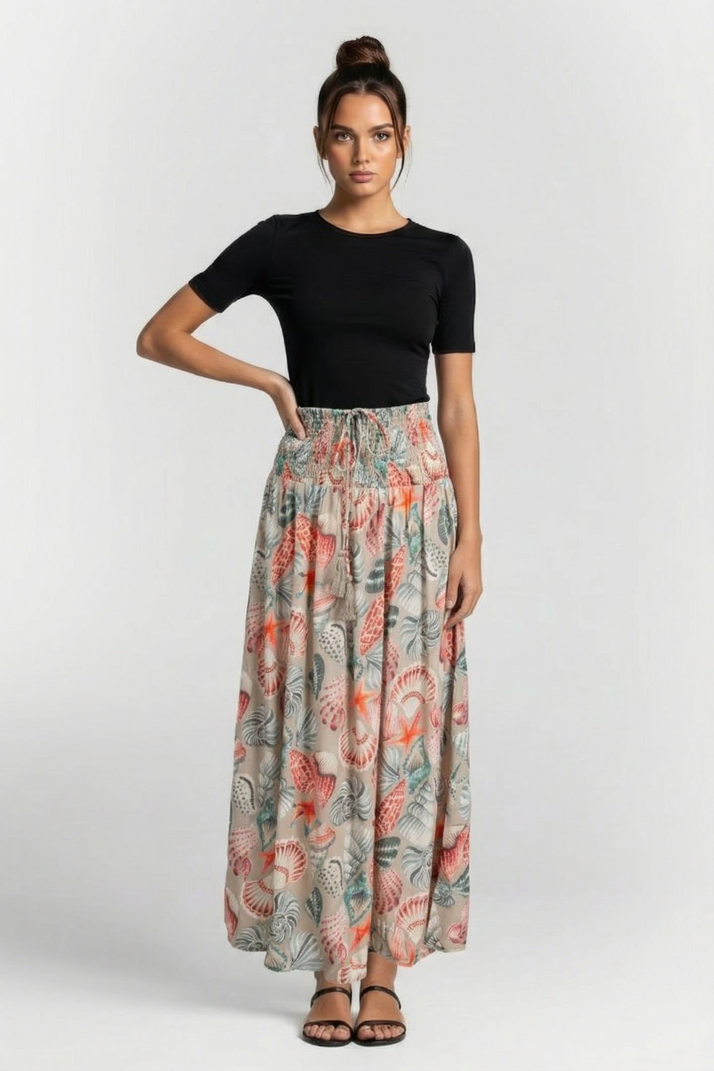 SMOCKED SKIRT MAGIC IN FEATHER GREY WITH OCEANS TREASURES 1