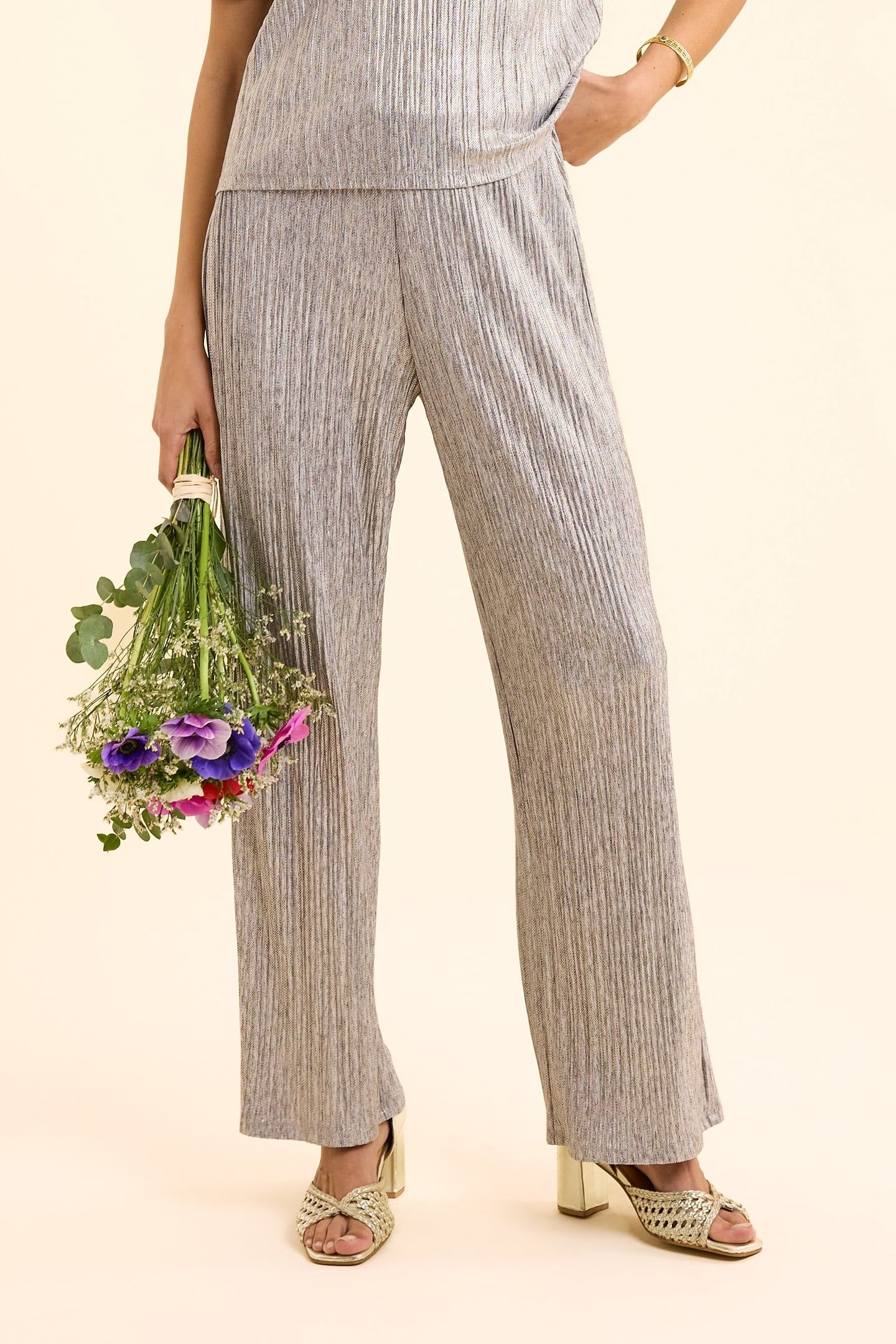 GREY PLEATED TROUSERS, DECORATIVE GOLD STRIPES GOLD 2