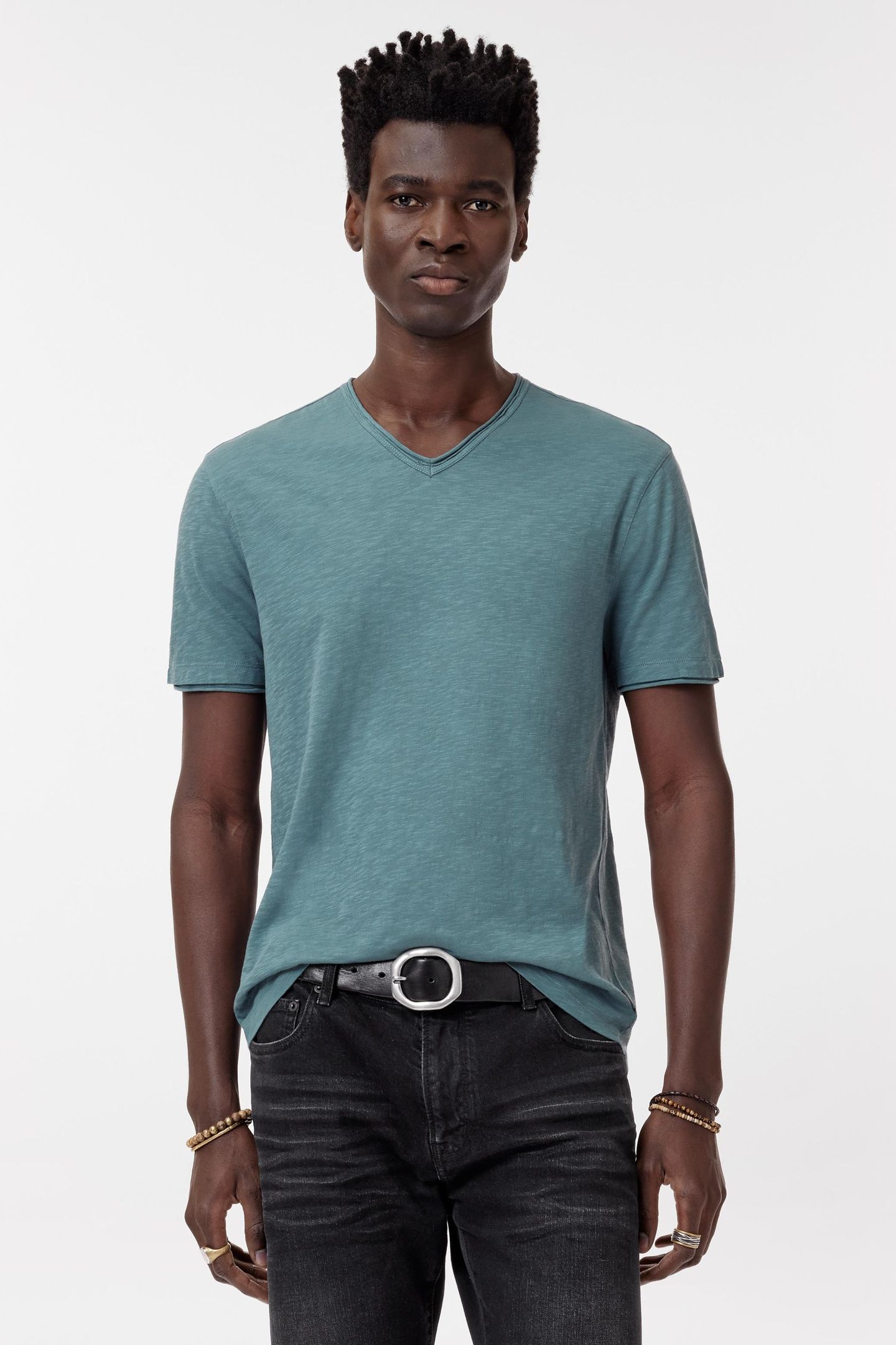 MILES SLUB V-NECK WITH CUT RAW EDGE FOG 1