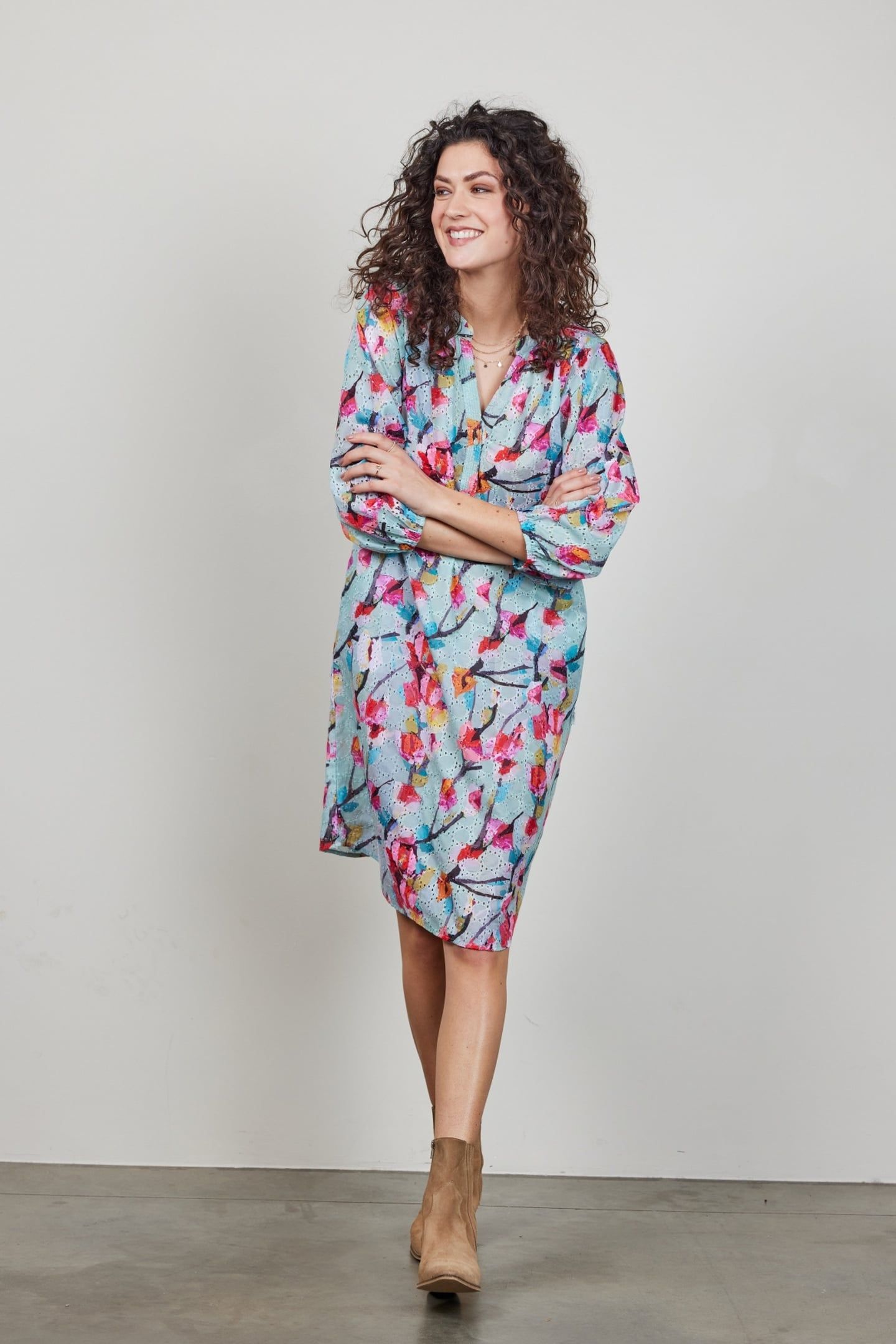 DRESS SYDNEY IN GREEN WITH PINK BLOSSOM PRINT 1