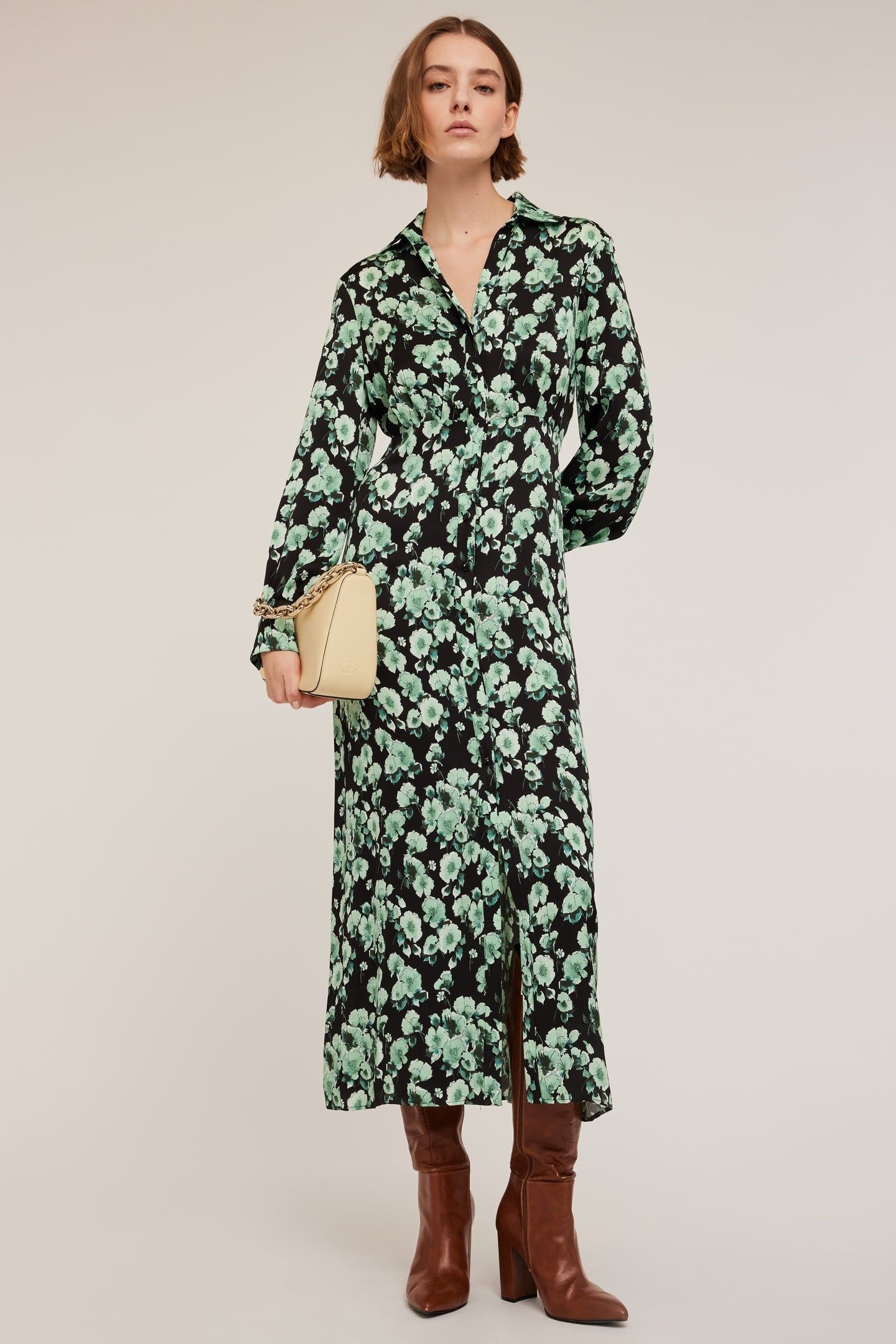 FLORAL PATTERNED SATIN CHEMISIER DRESS GREEN 1