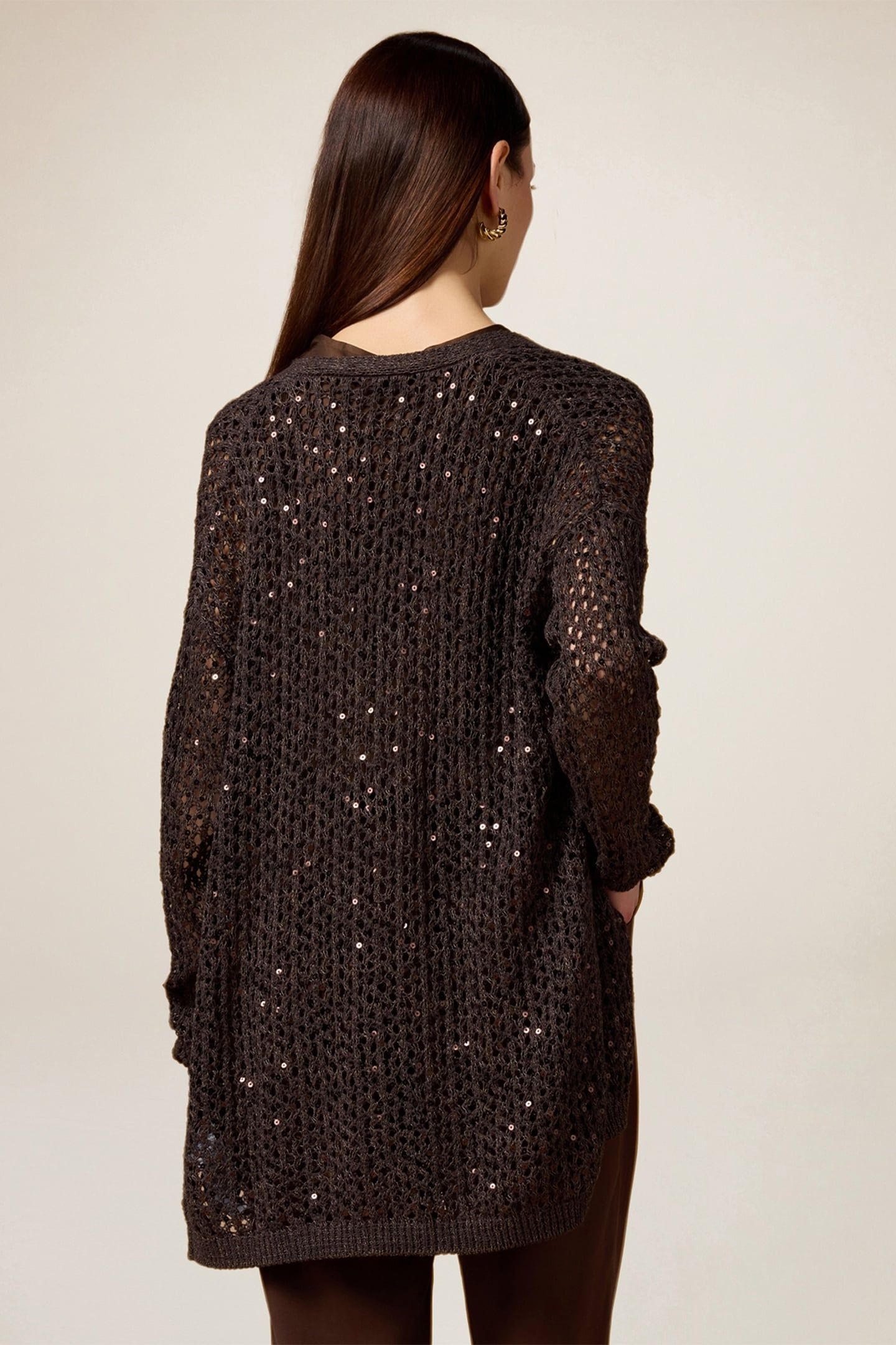 OPENWORK CARDIGAN WITH SEQUINS BROWN 2
