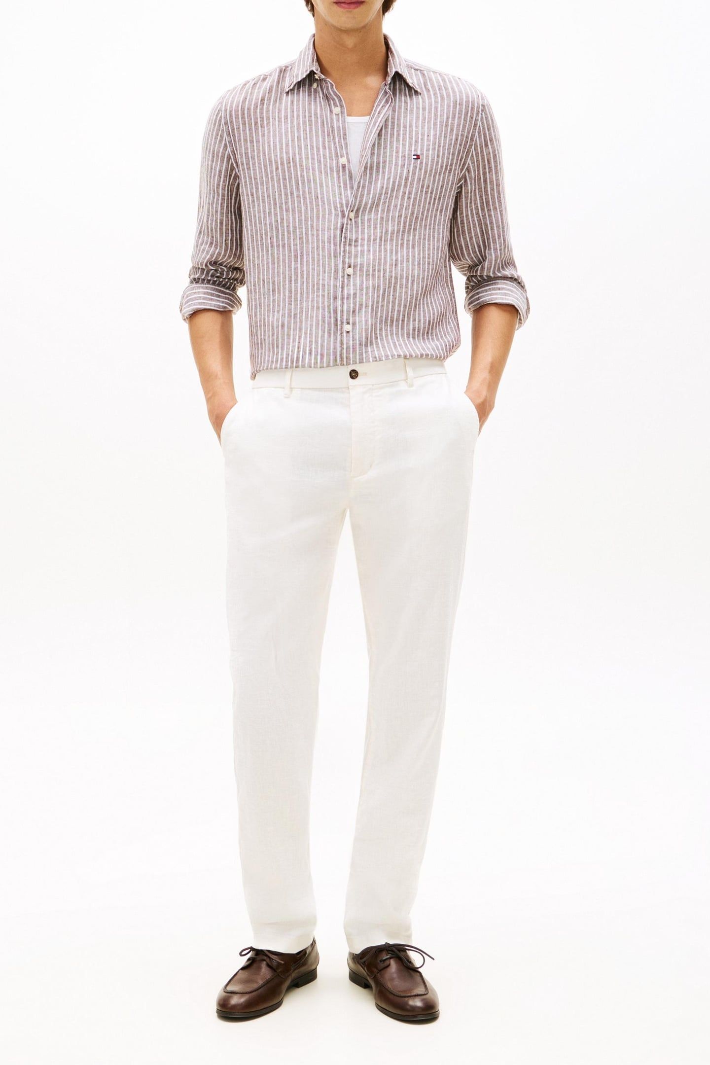 REGULAR FIT LINEN SHIRT LEGACY BROWN/STRIPE 1