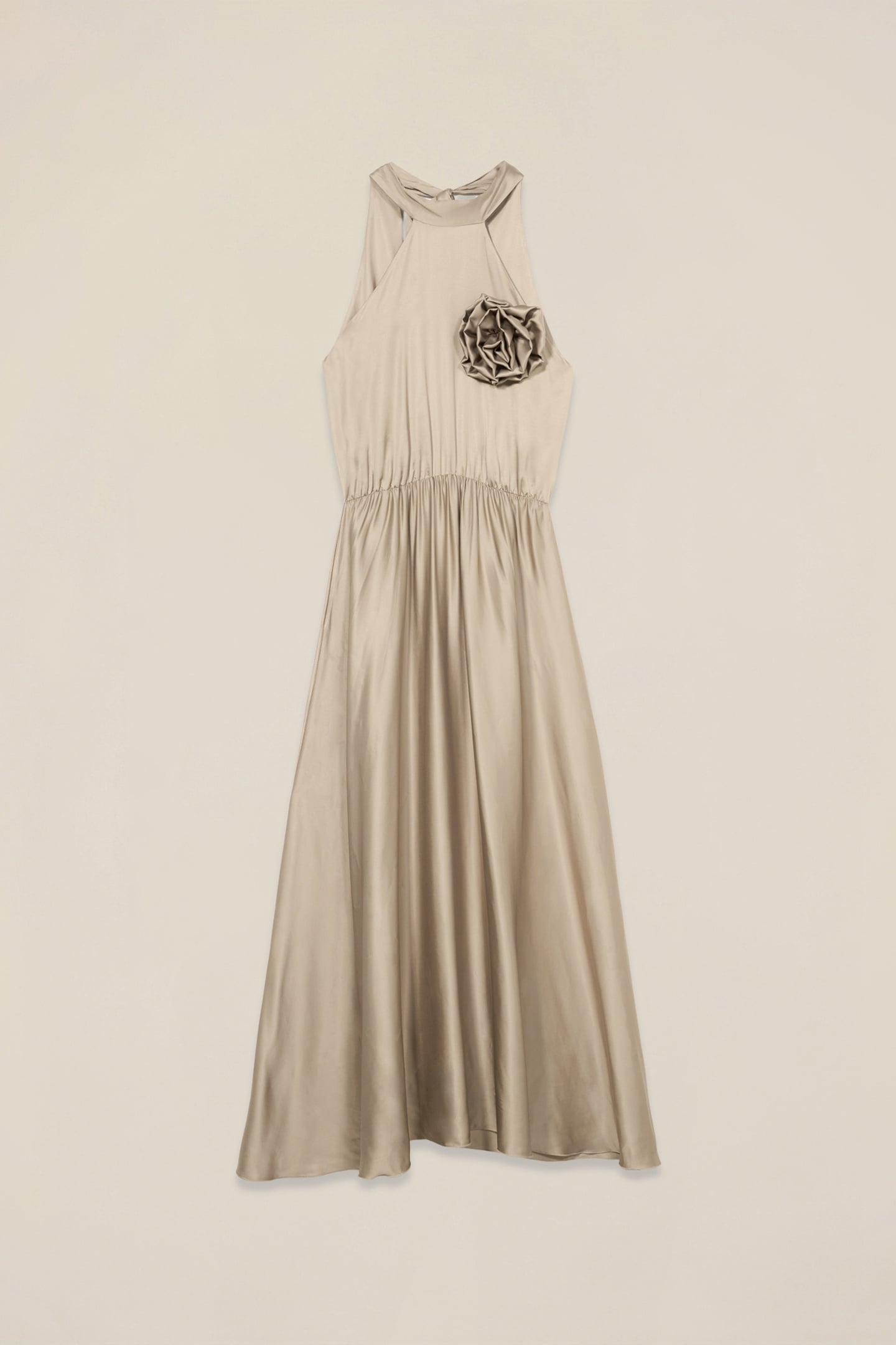 LONG SATIN DRESS WITH FLOWER BEIGE 3