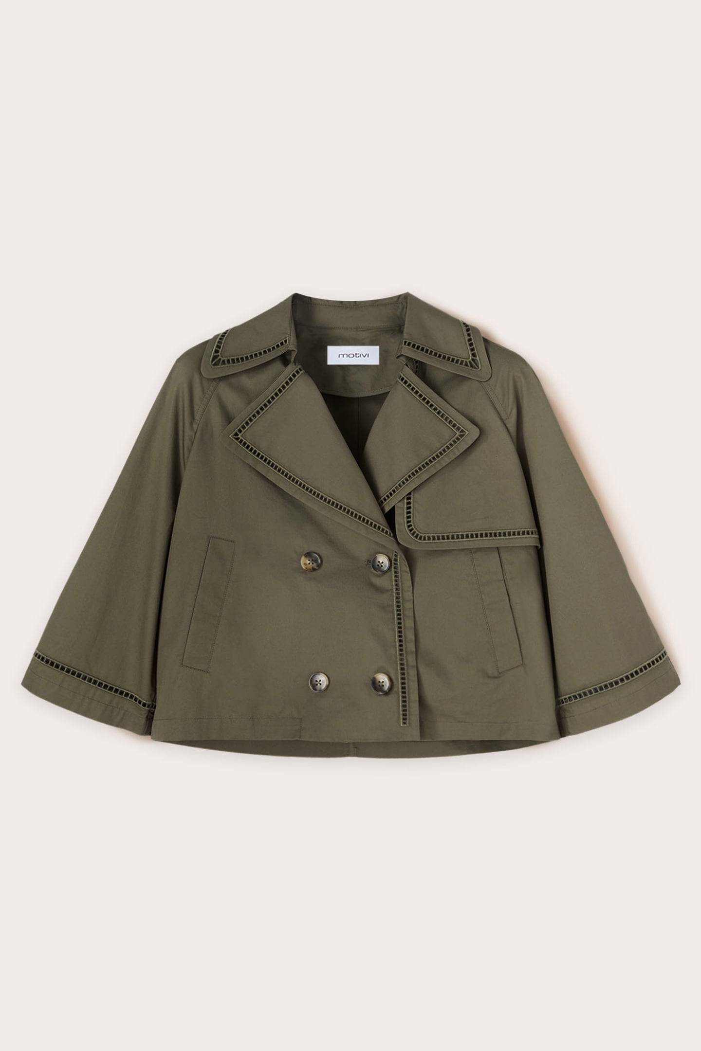 SHORT TRENCH COAT WITH OPENWORK DETAIL MILITARY GREEN 5
