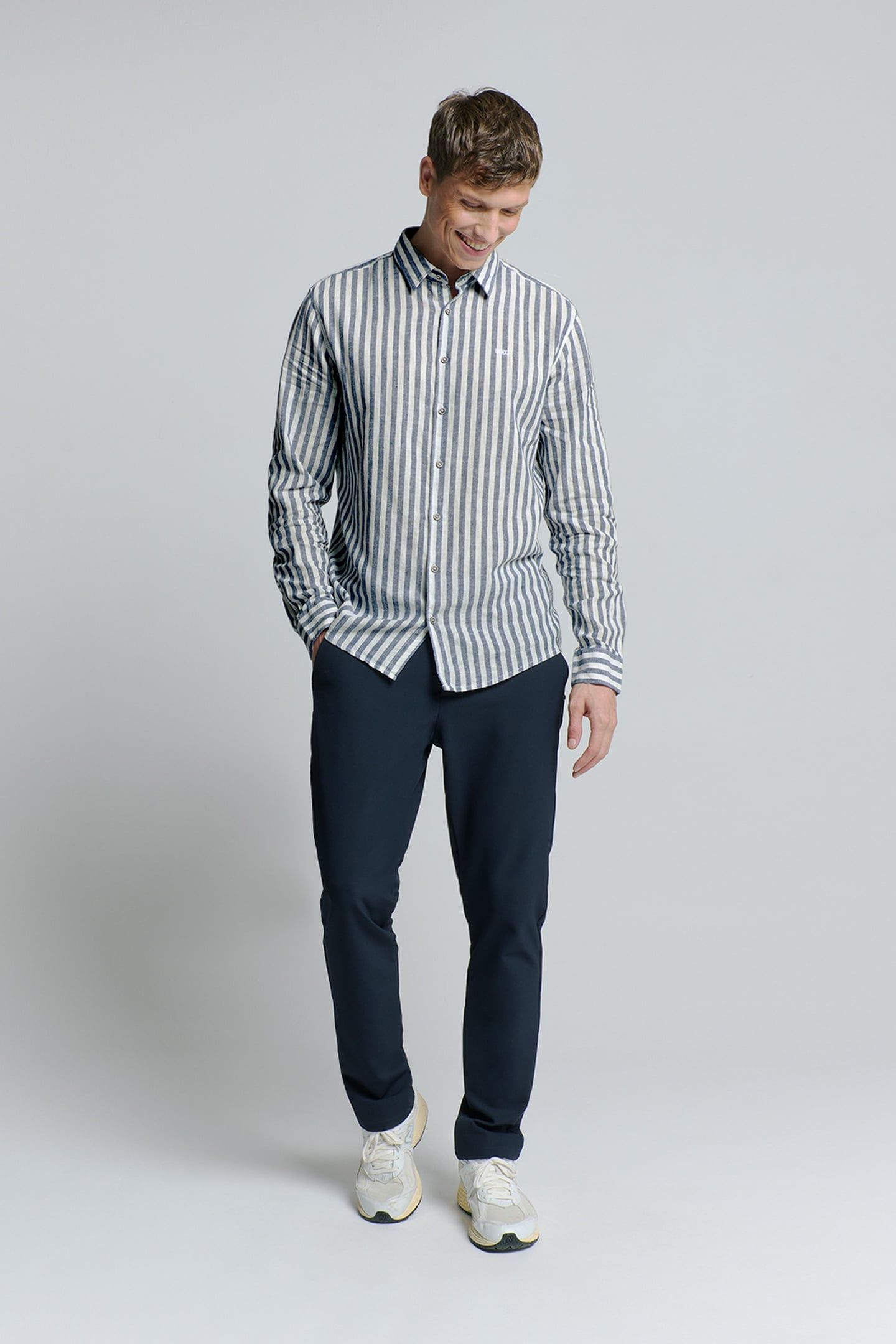 SHIRT VERICAL BIG STRIPES WITH LINEN INDIGO BLUE 2