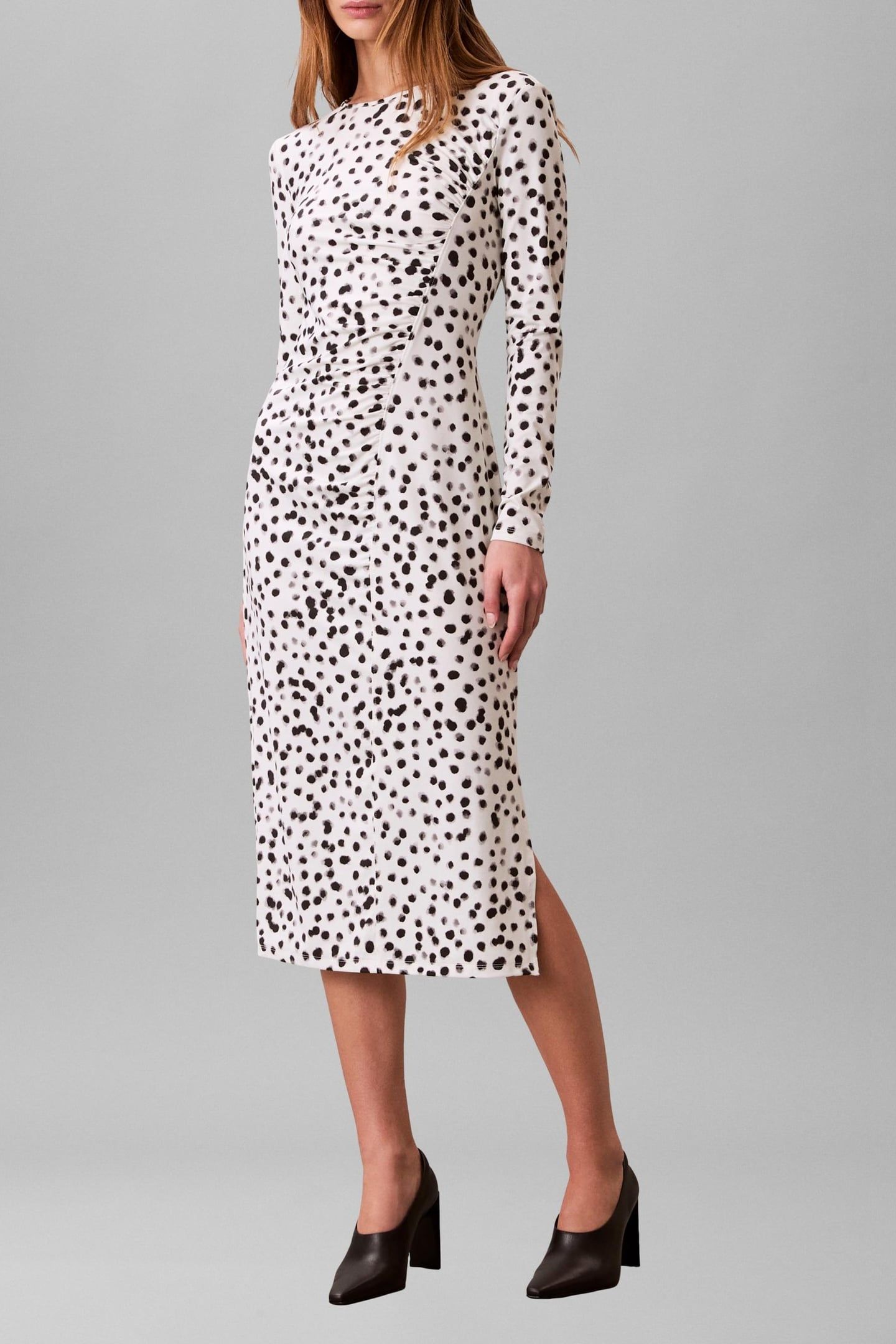 RUCHED ASSYMETRICAL PRINTED MIDI DRESS IVORY PRINT 1