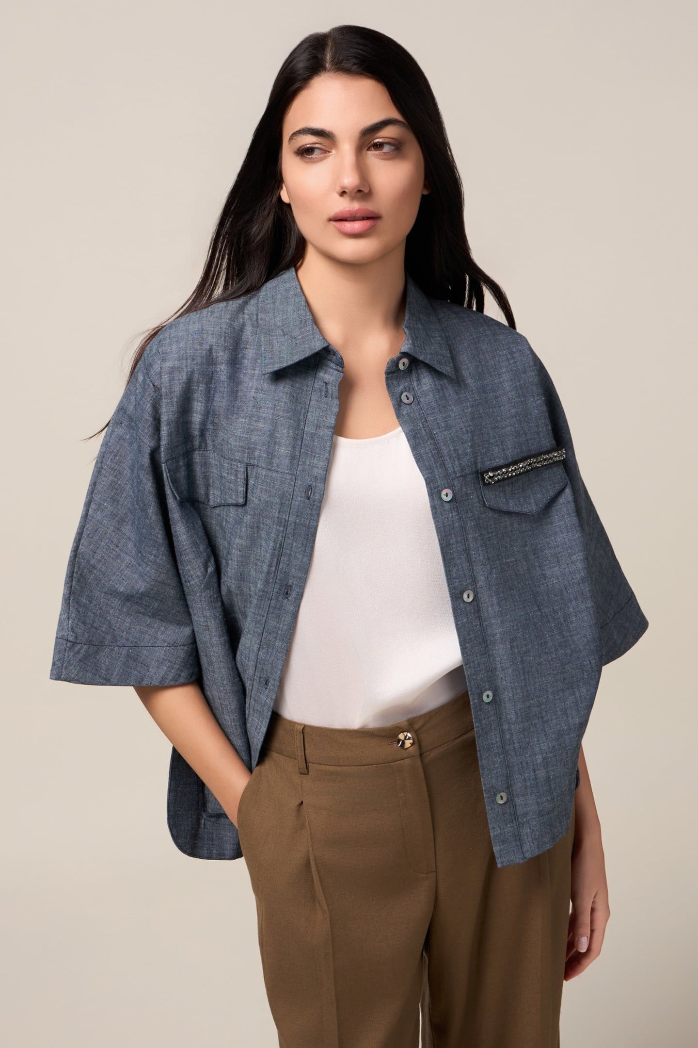 OVERSIZED DENIM-EFFECT LINEN BLEND SHIRT BLUE 1