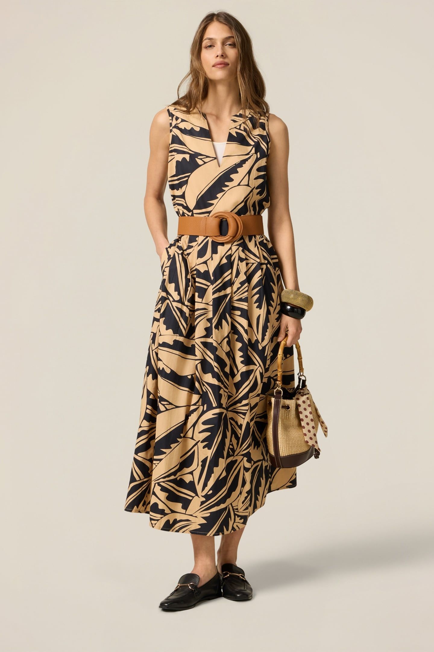 PATTERNED POPLIN DRESS BEIGE 1