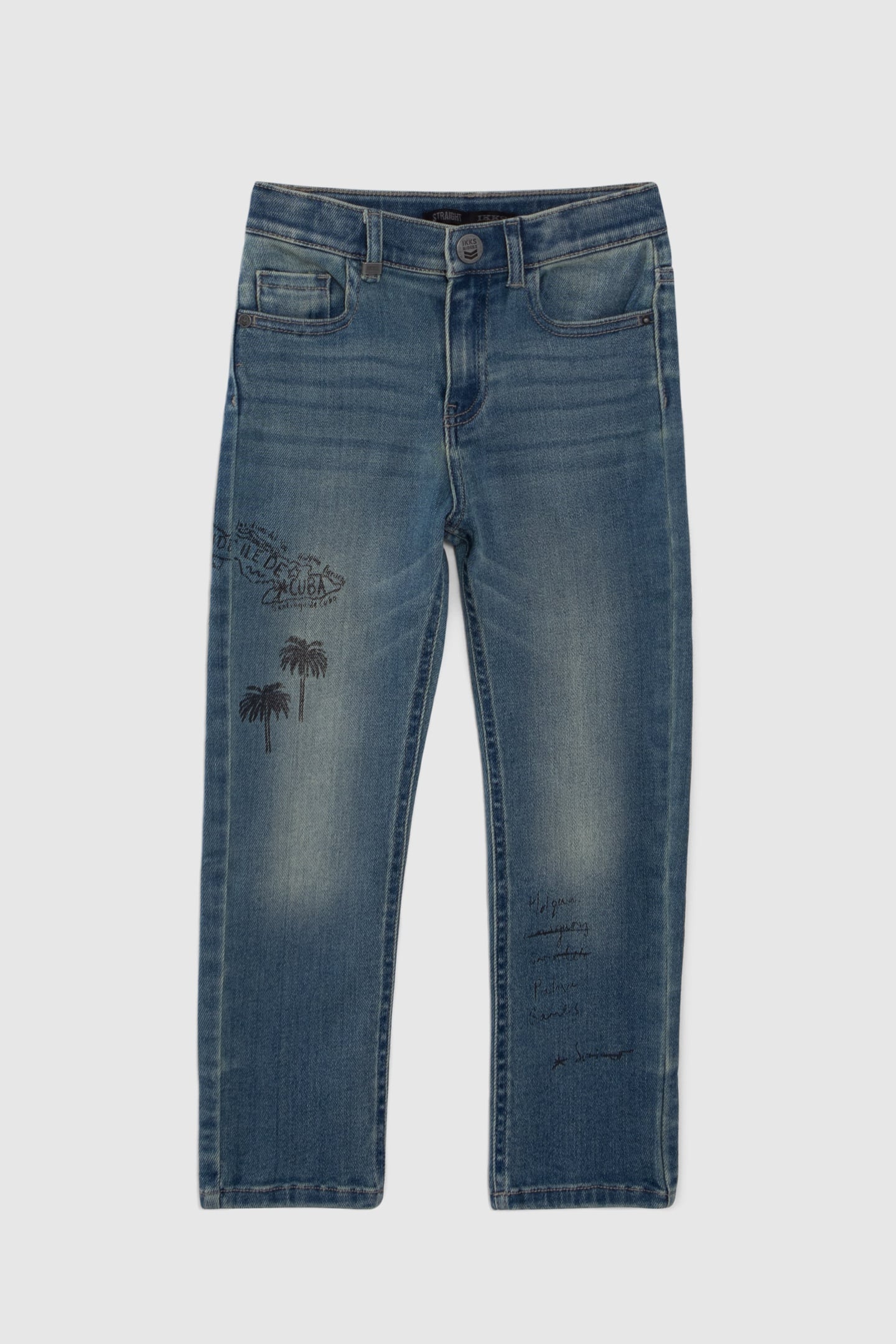BOYS’ BLUE UPCYCLED STRAIGHT JEANS, PRINT FRONT AND BACK 1