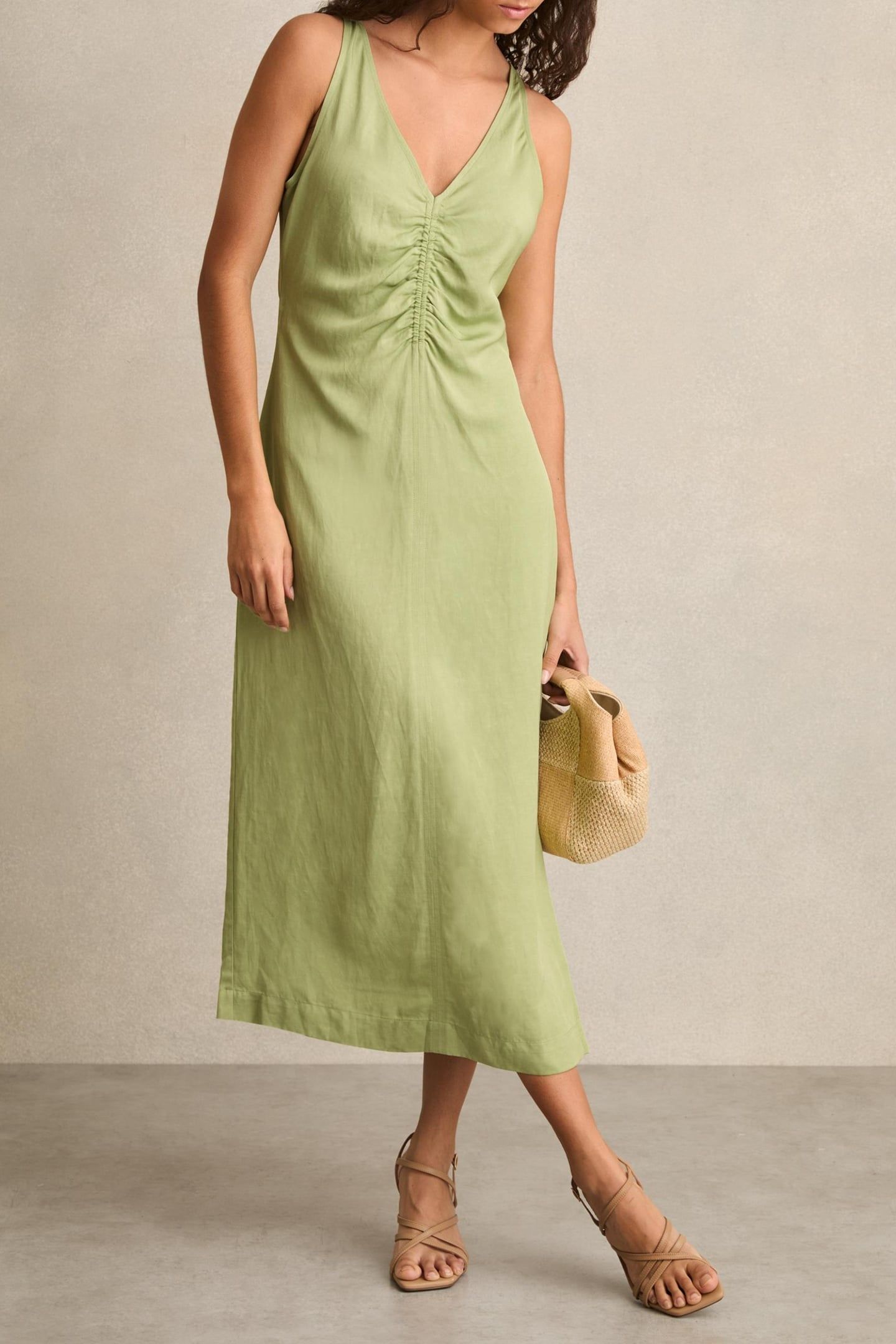 RUCHED LINEN DRESS GREEN 3