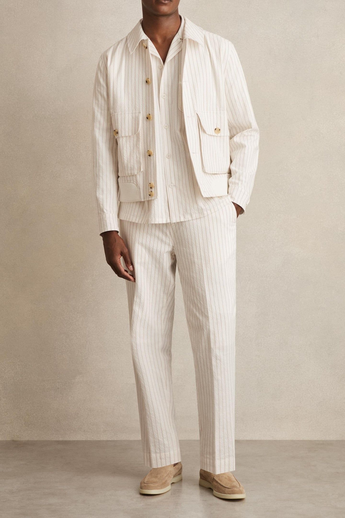 SS SEERSUCKER STRIPE CUBAN SHIRT WHITE TAUPE BROWN 2