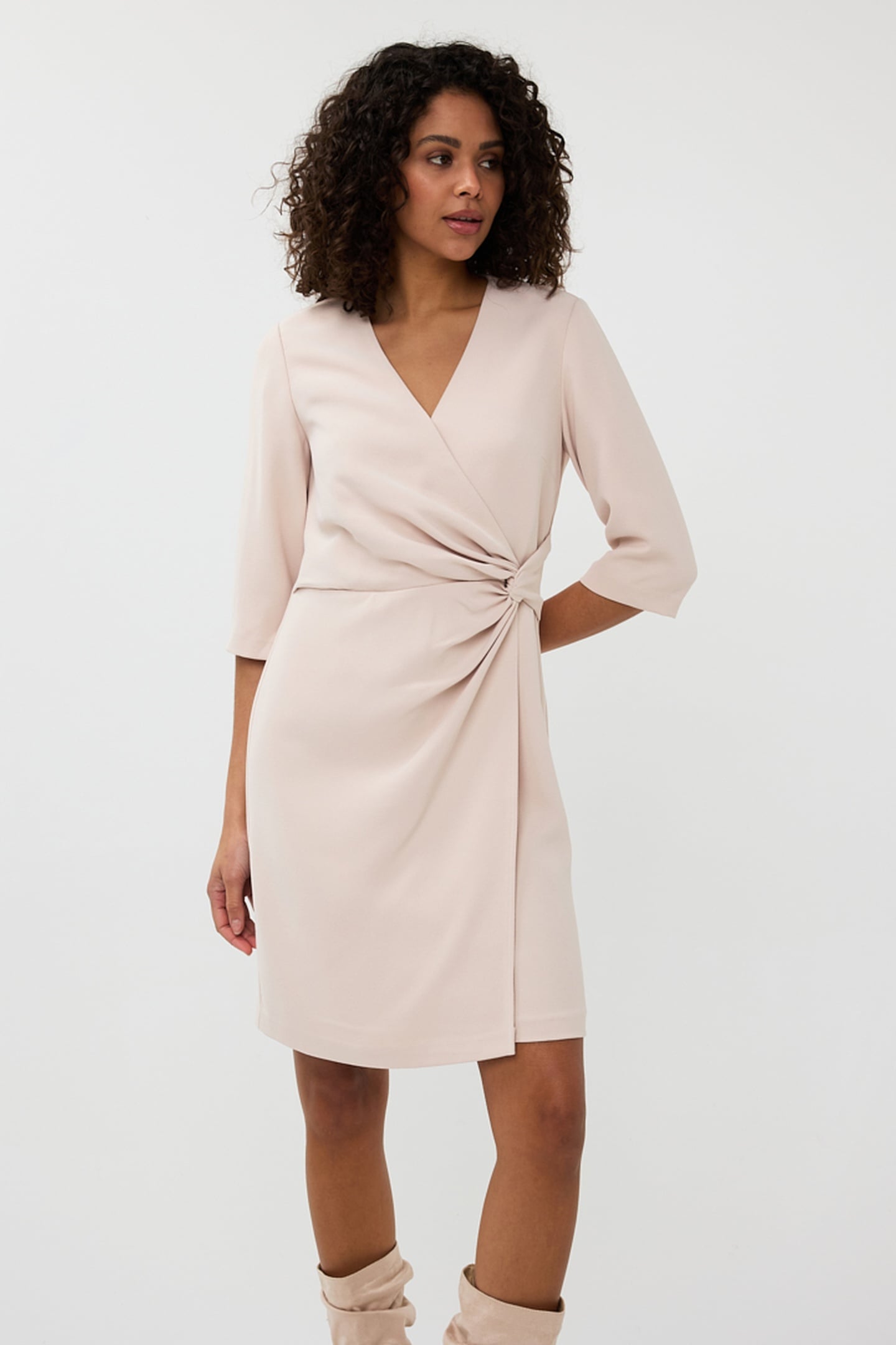 DRESS OVERLAP KNOT S/SLVE SAND 3