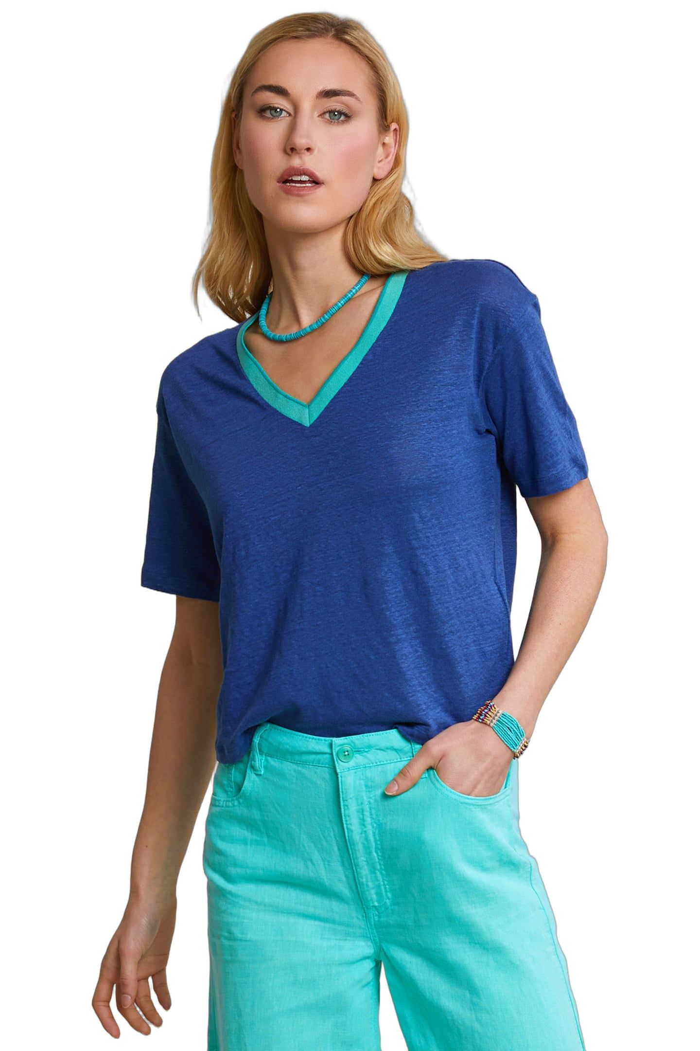 BLUE LINEN V-NECK T-SHIRT SHORT SLEEVES 1