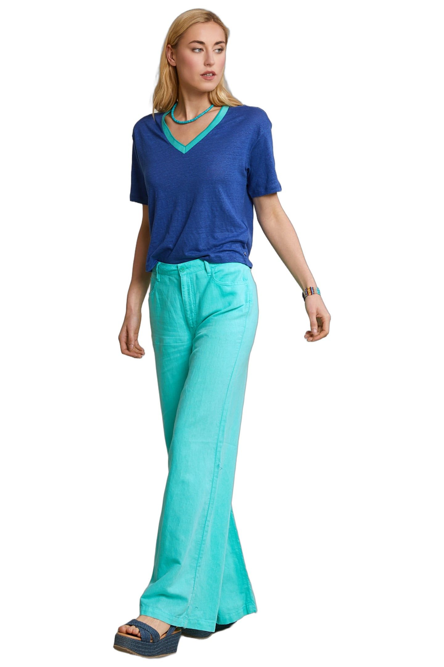 BLUE LINEN V-NECK T-SHIRT SHORT SLEEVES 2