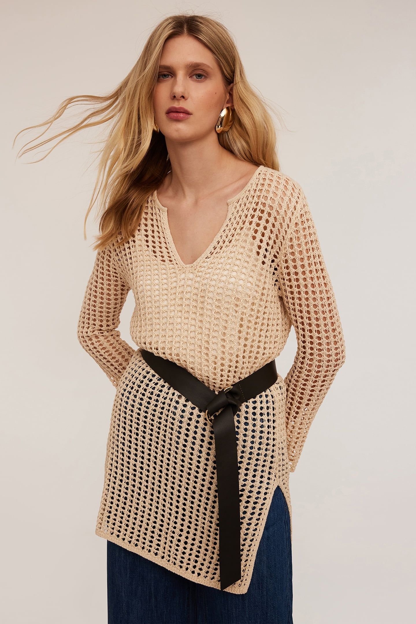 CROCHET-EFFECT KNITTED TUNIC BEIGE 1
