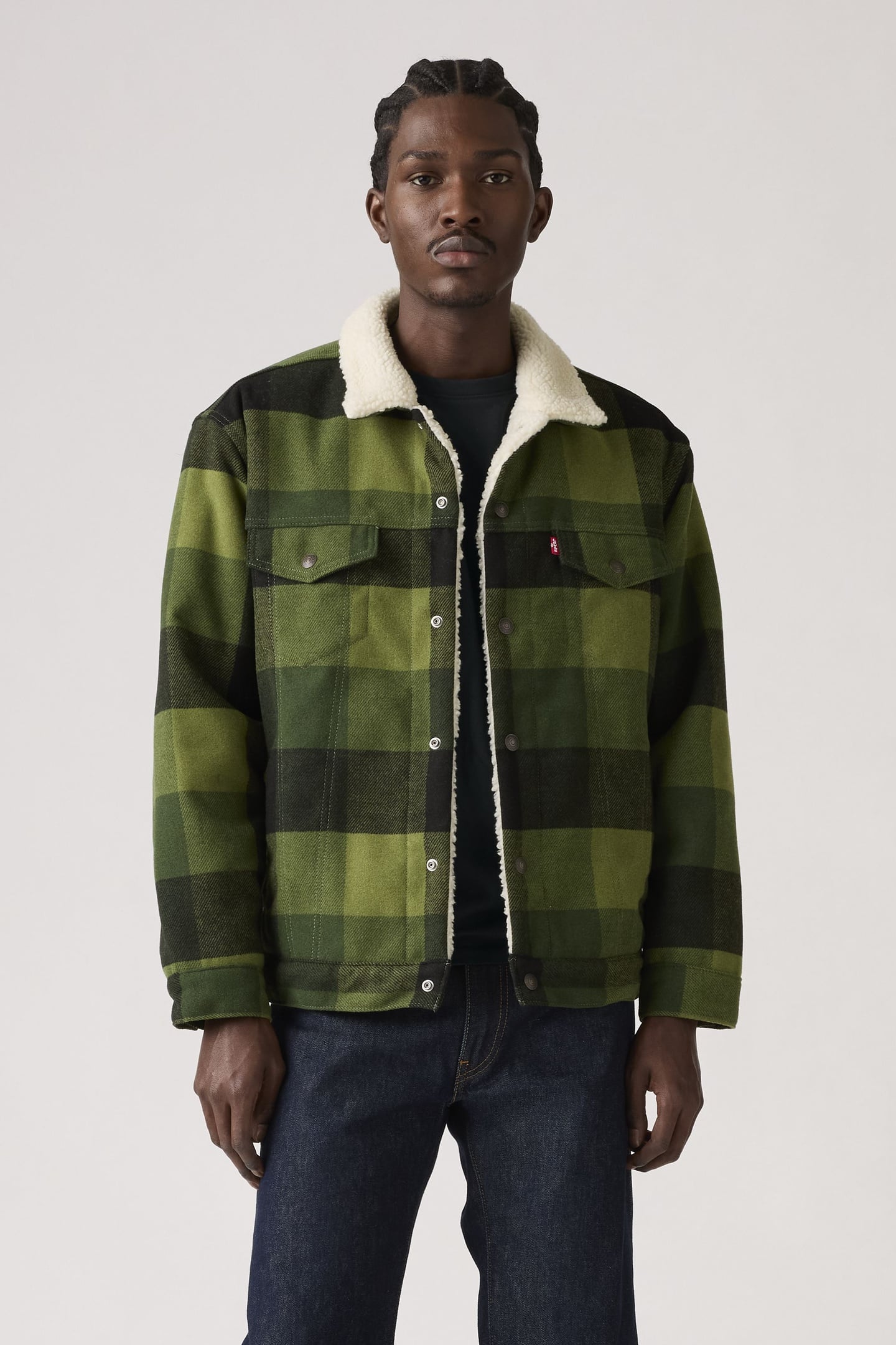 RELAXED FIT PLAID SHERPA TRUCKER JACKET 1